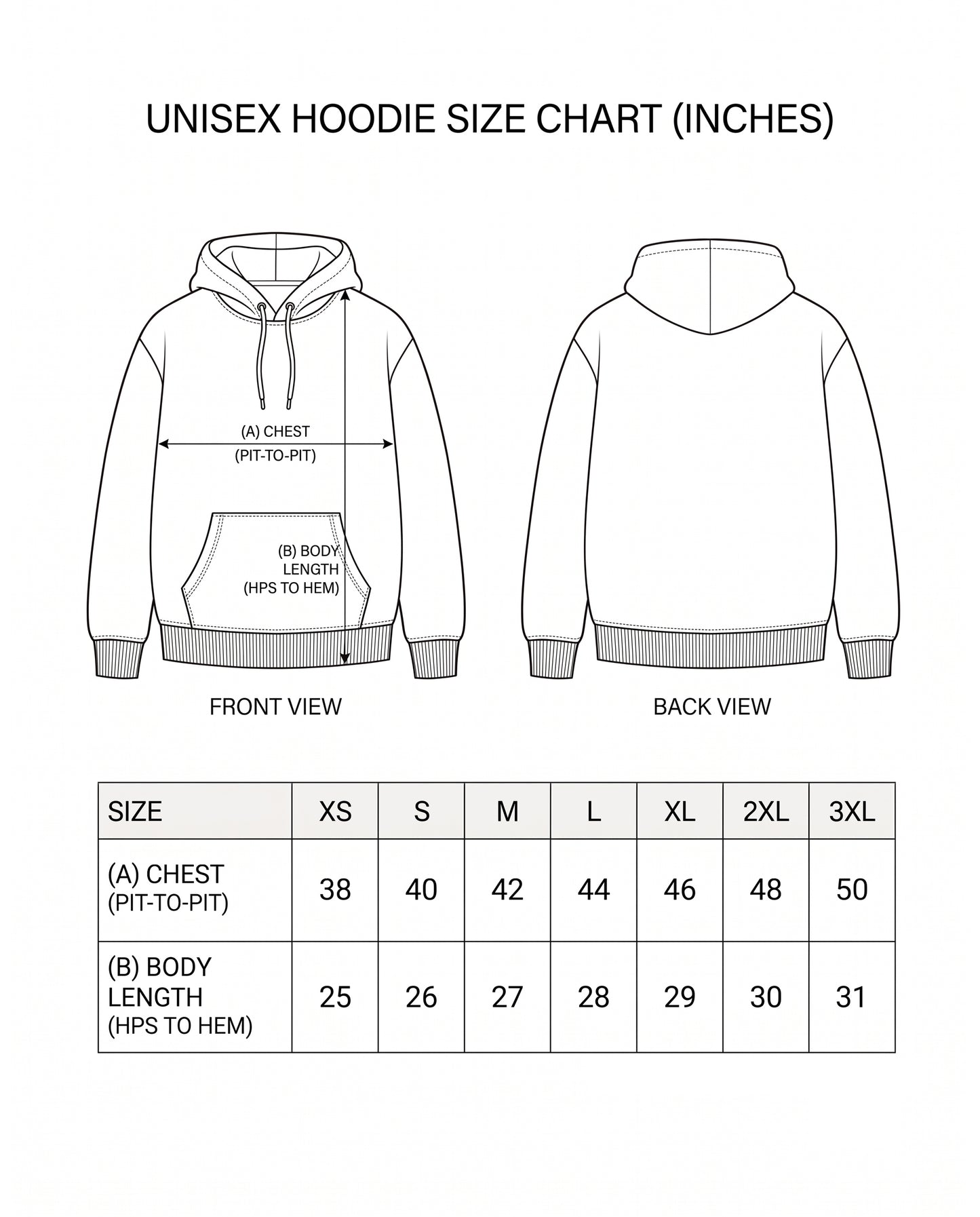 ONE NAME unisex regular-fit hoodie size chart with measurements.