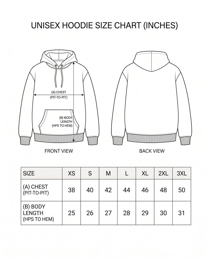 ONE NAME unisex regular-fit hoodie size chart with measurements.