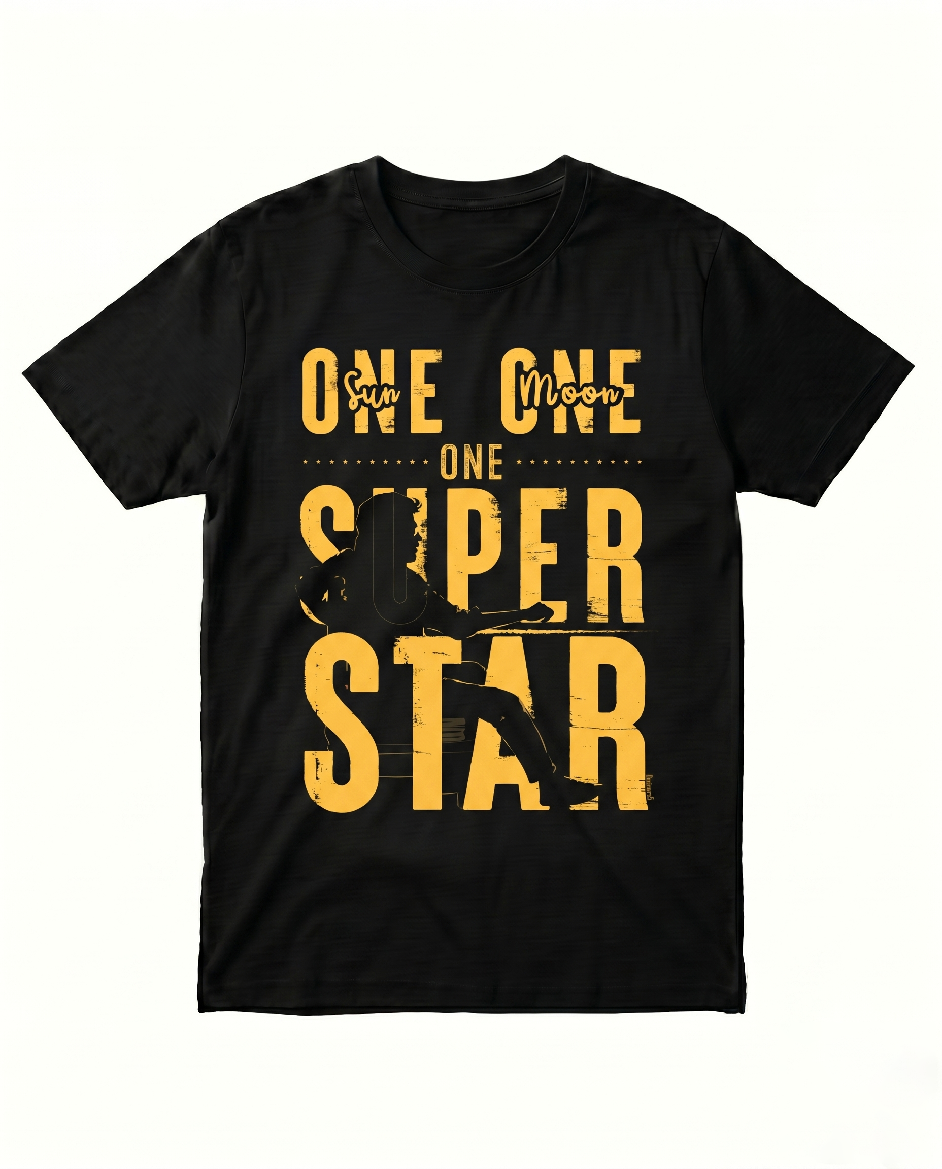 ONE SUPERSTAR men's black regular fit t-shirt featuring a bold Superstar tribute front print design shown in a clean product mockup view.