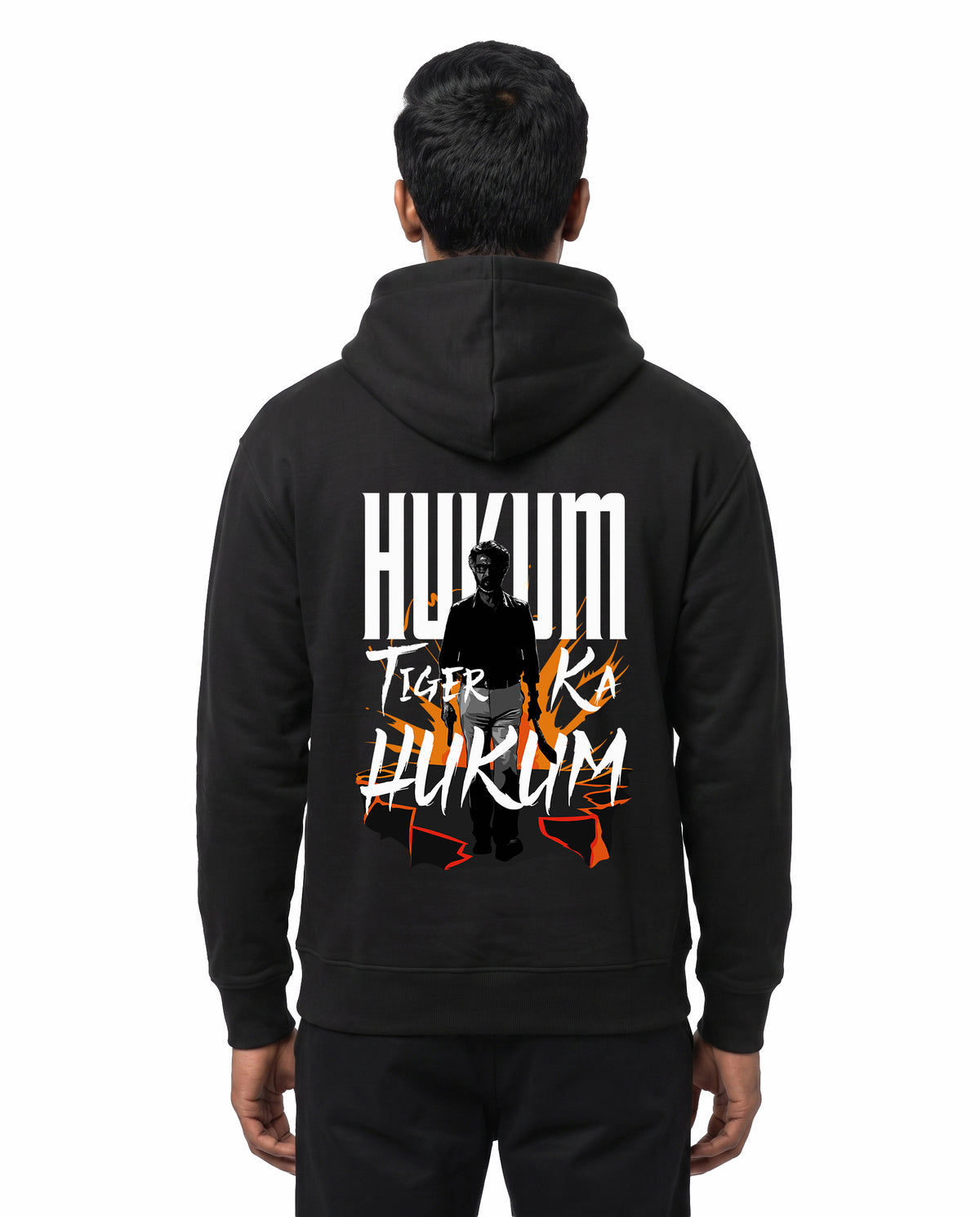 Back view of male model wearing ORDER OF THE TIGER - Unisex Regular Fit Hoodie in black in a studio setting.
