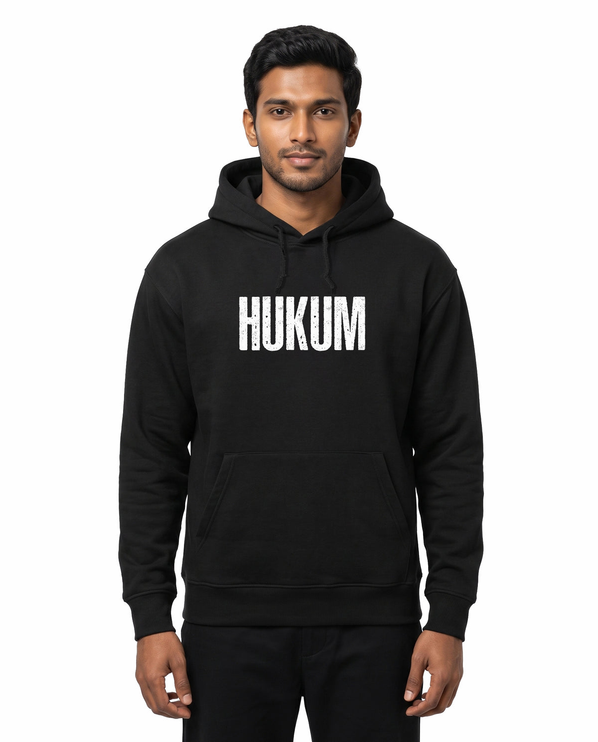 Front view of male model wearing ORDER OF THE TIGER - Unisex Regular Fit Hoodie in black in a studio setting.