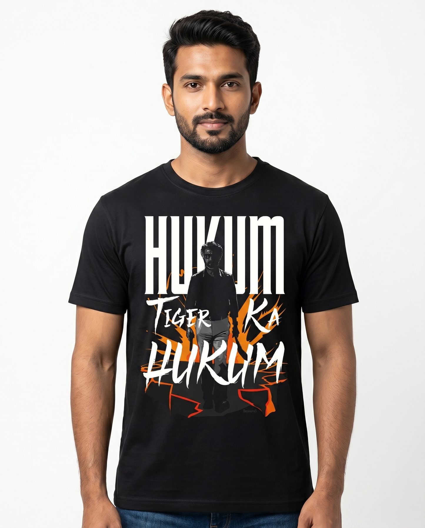 South Indian male model wearing a black ORDER OF THE TIGER regular fit graphic t-shirt.