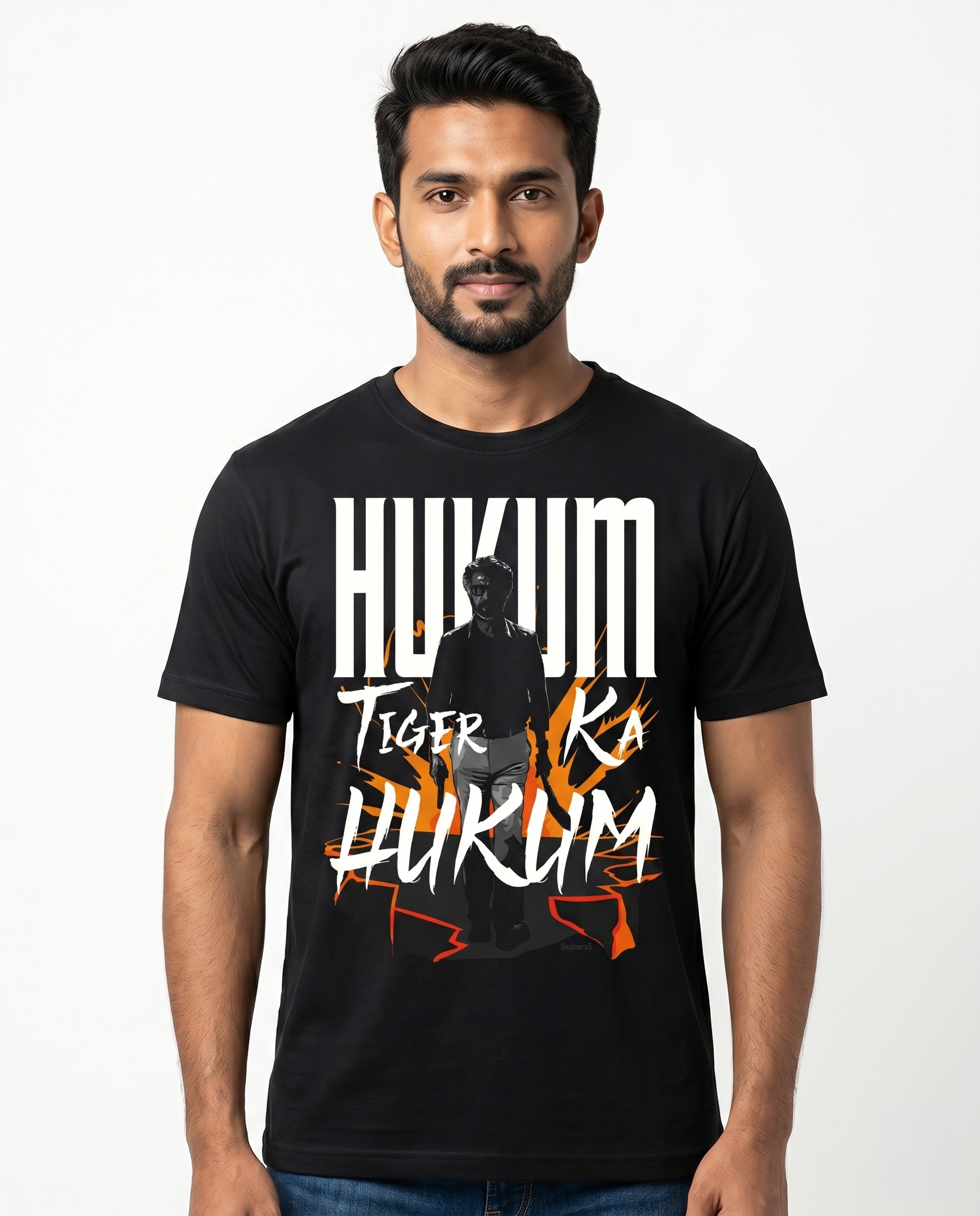 South Indian male model wearing a black ORDER OF THE TIGER regular fit graphic t-shirt.