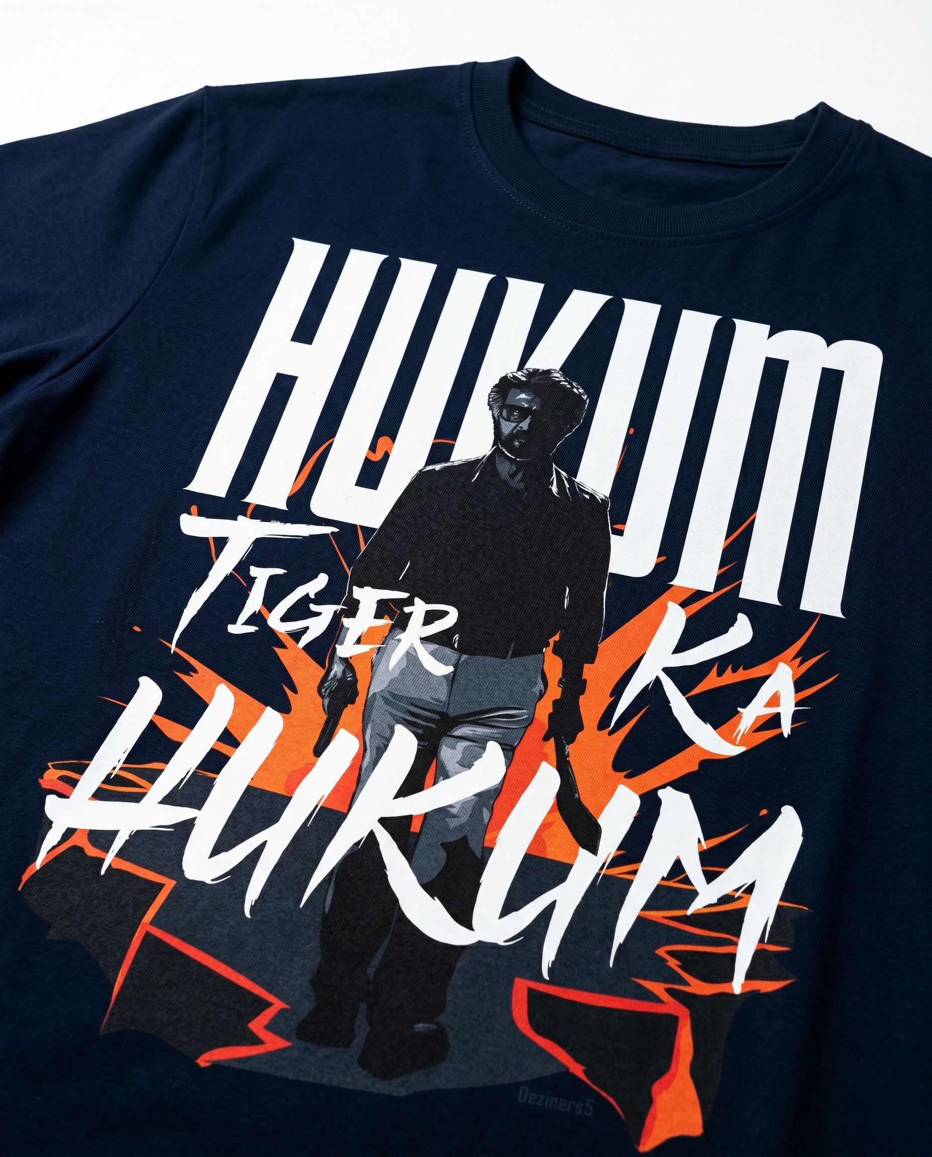 Close-up print detail of ORDER OF THE TIGER artwork on a navy blue men's regular fit graphic t-shirt.