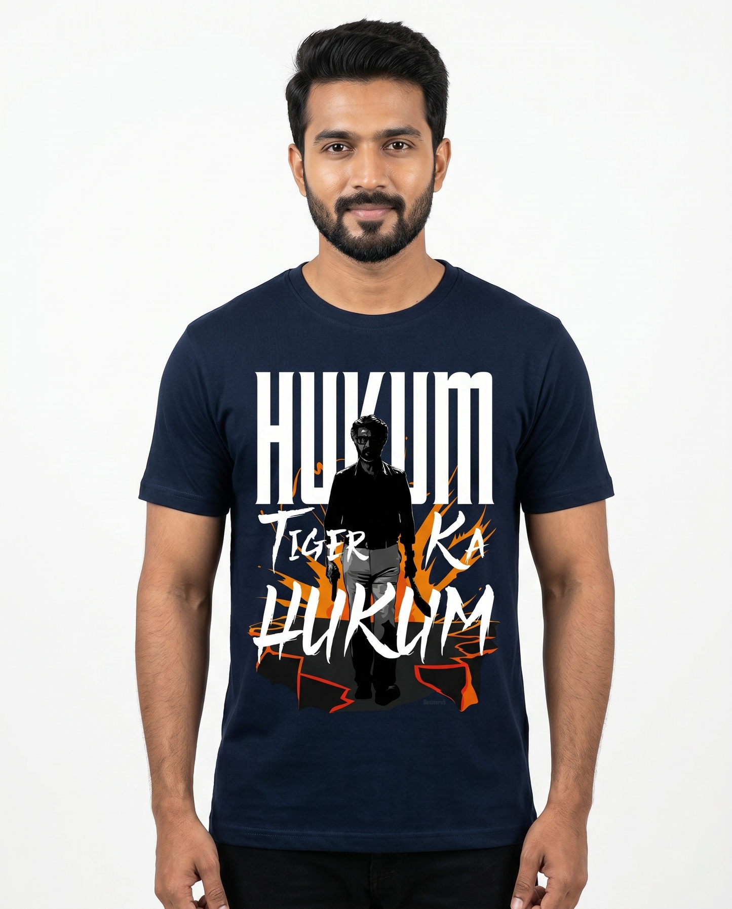 South Indian male model wearing a navy blue ORDER OF THE TIGER regular fit graphic t-shirt.