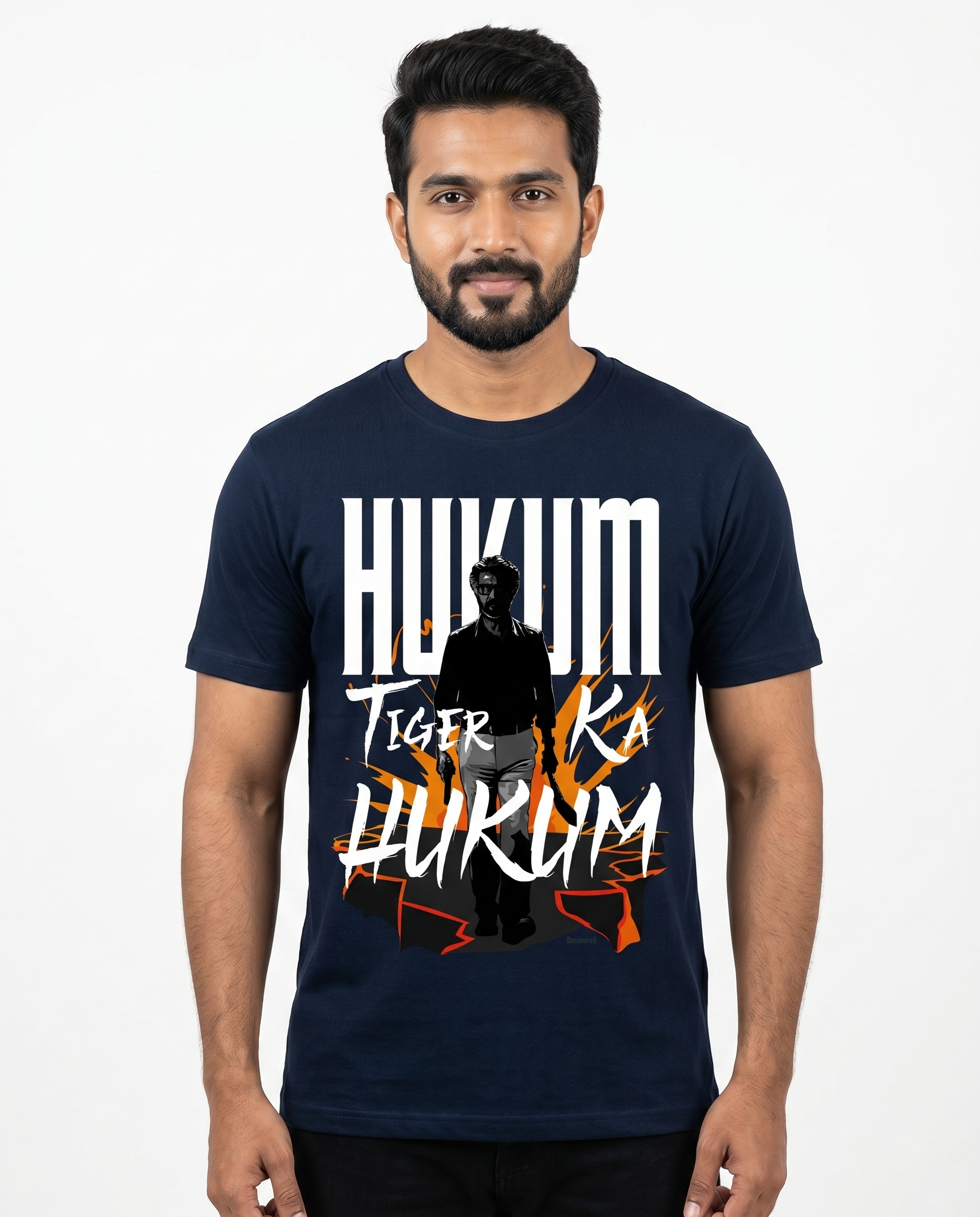 South Indian male model wearing a navy blue ORDER OF THE TIGER regular fit graphic t-shirt.