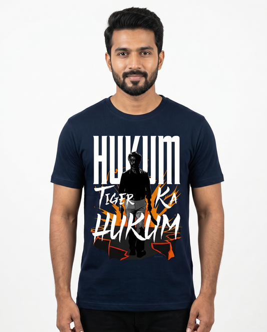 South Indian male model wearing a navy blue ORDER OF THE TIGER regular fit graphic t-shirt.