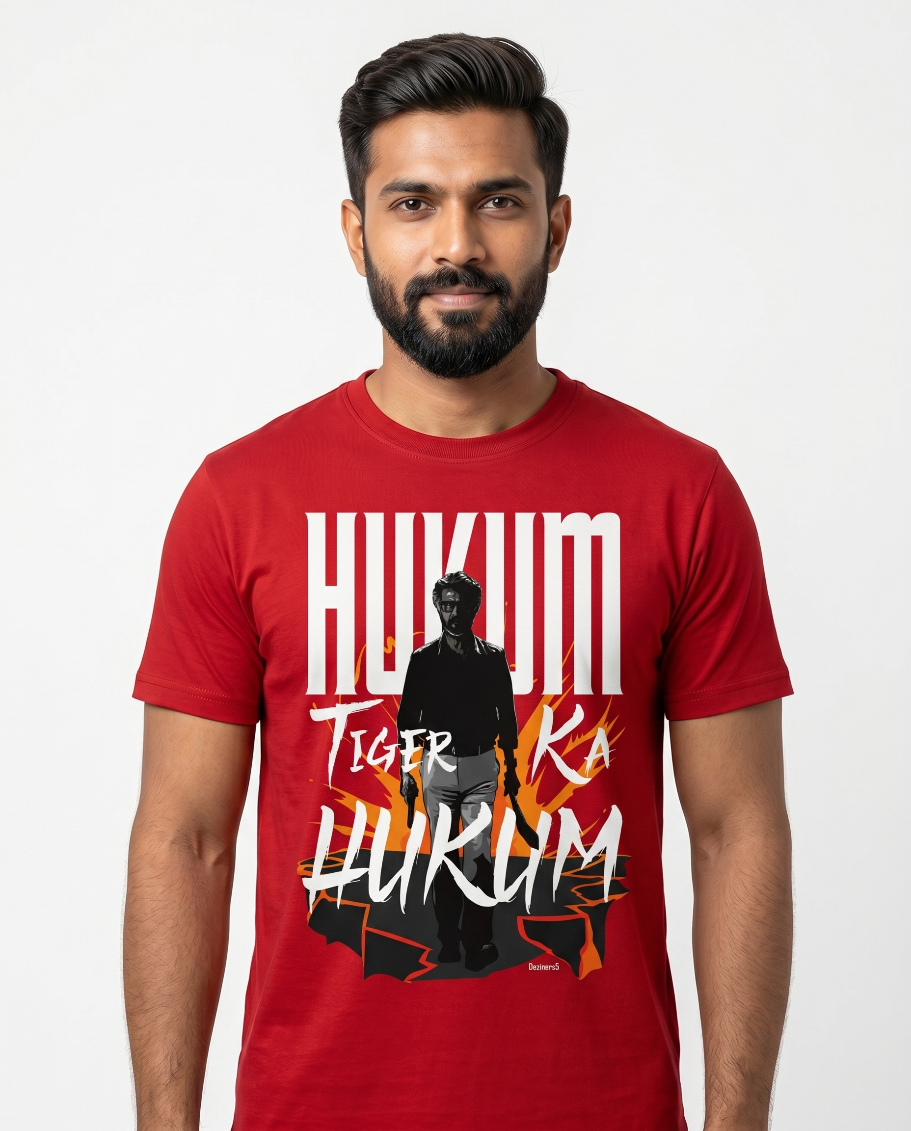 South Indian male model wearing a red ORDER OF THE TIGER regular fit graphic t-shirt.