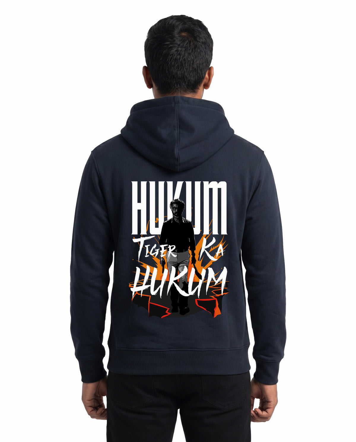 Back view of male model wearing ORDER OF THE TIGER - Unisex Regular Fit Hoodie in navy blue in a studio setting.
