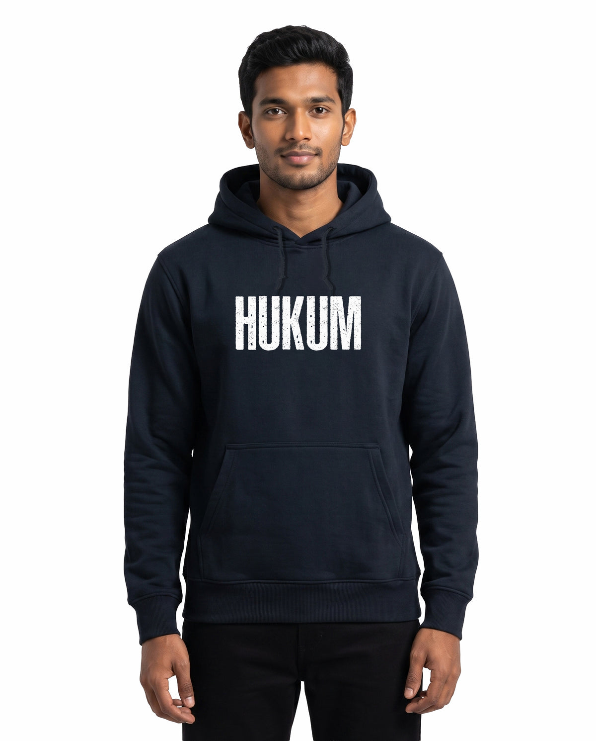 Front view of male model wearing ORDER OF THE TIGER - Unisex Regular Fit Hoodie in navy blue in a studio setting.