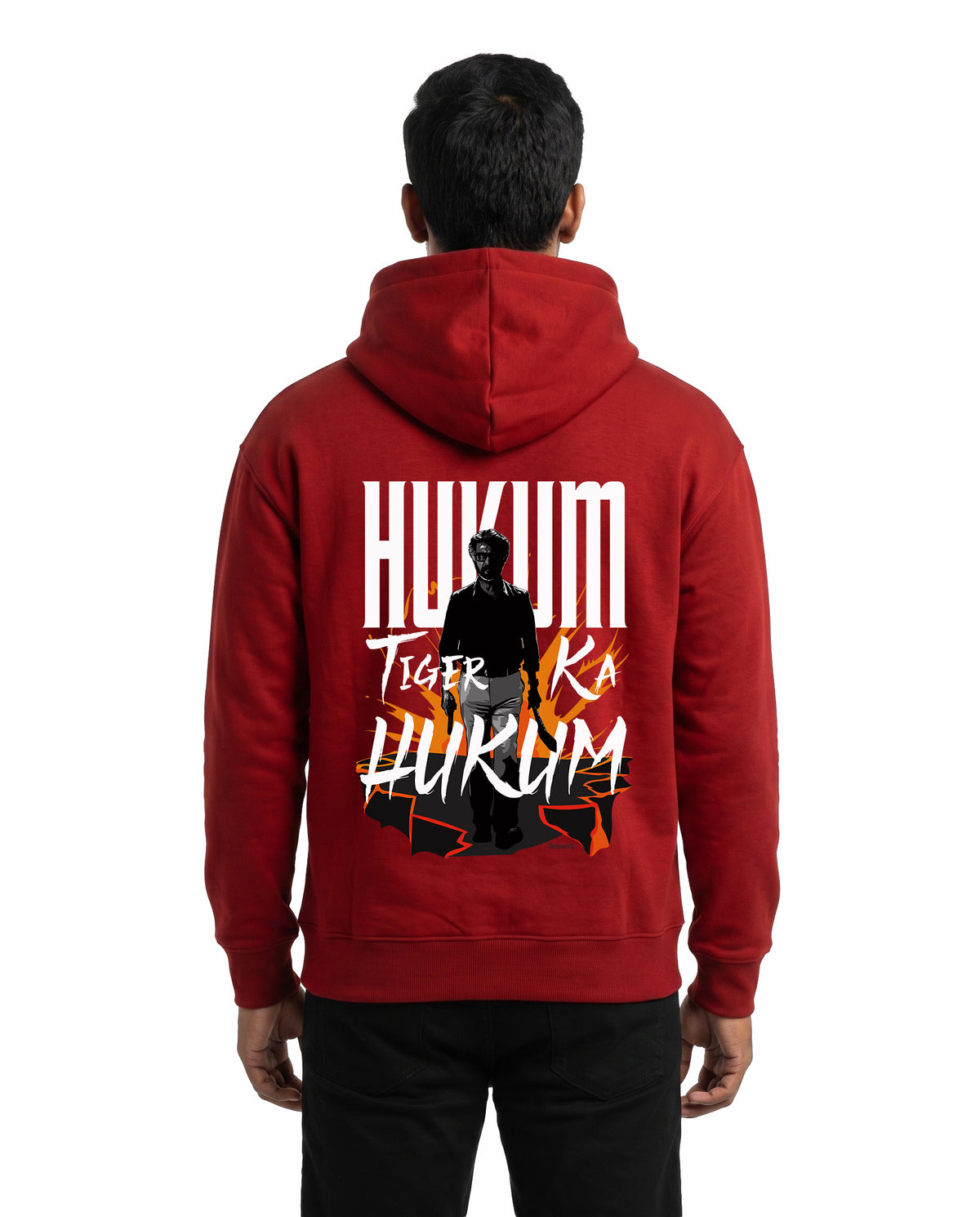 Back view of male model wearing ORDER OF THE TIGER - Unisex Regular Fit Hoodie in red in a studio setting.