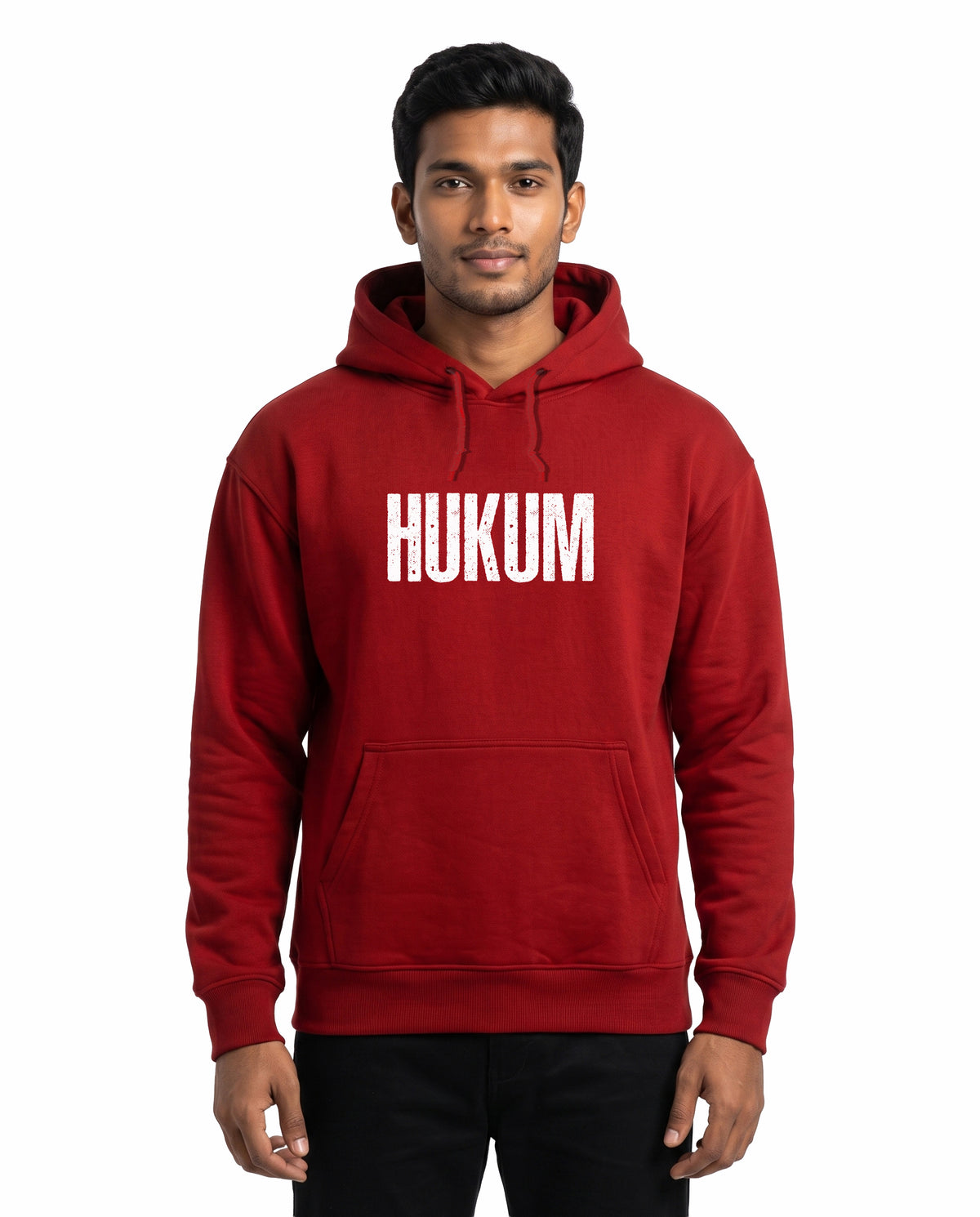 Front view of male model wearing ORDER OF THE TIGER - Unisex Regular Fit Hoodie in red in a studio setting.