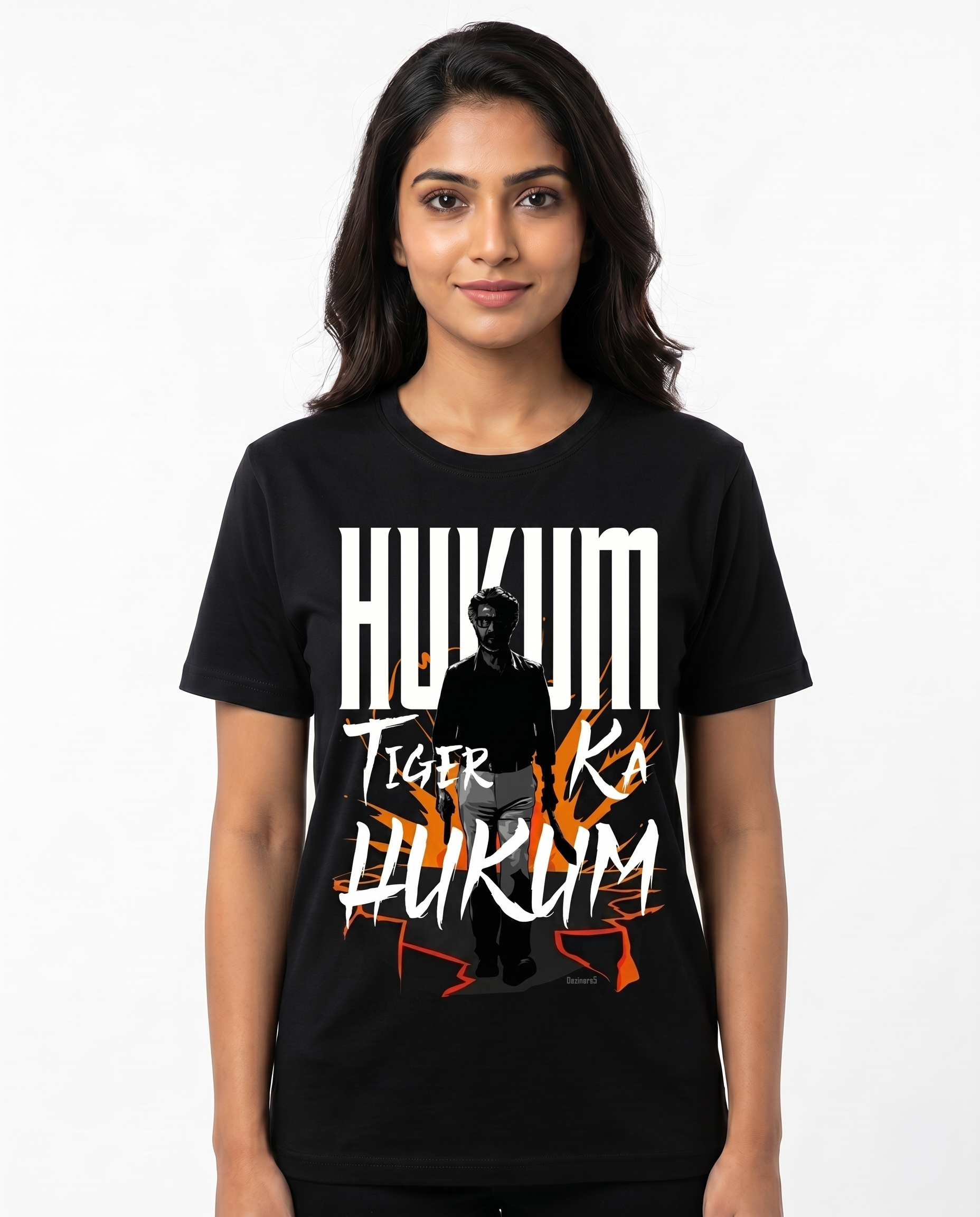 South Indian female model wearing a black ORDER OF THE TIGER regular fit graphic t-shirt.