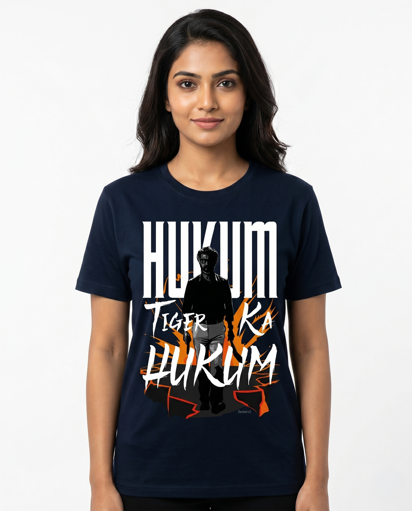 South Indian female model wearing a navy blue ORDER OF THE TIGER regular fit graphic t-shirt.
