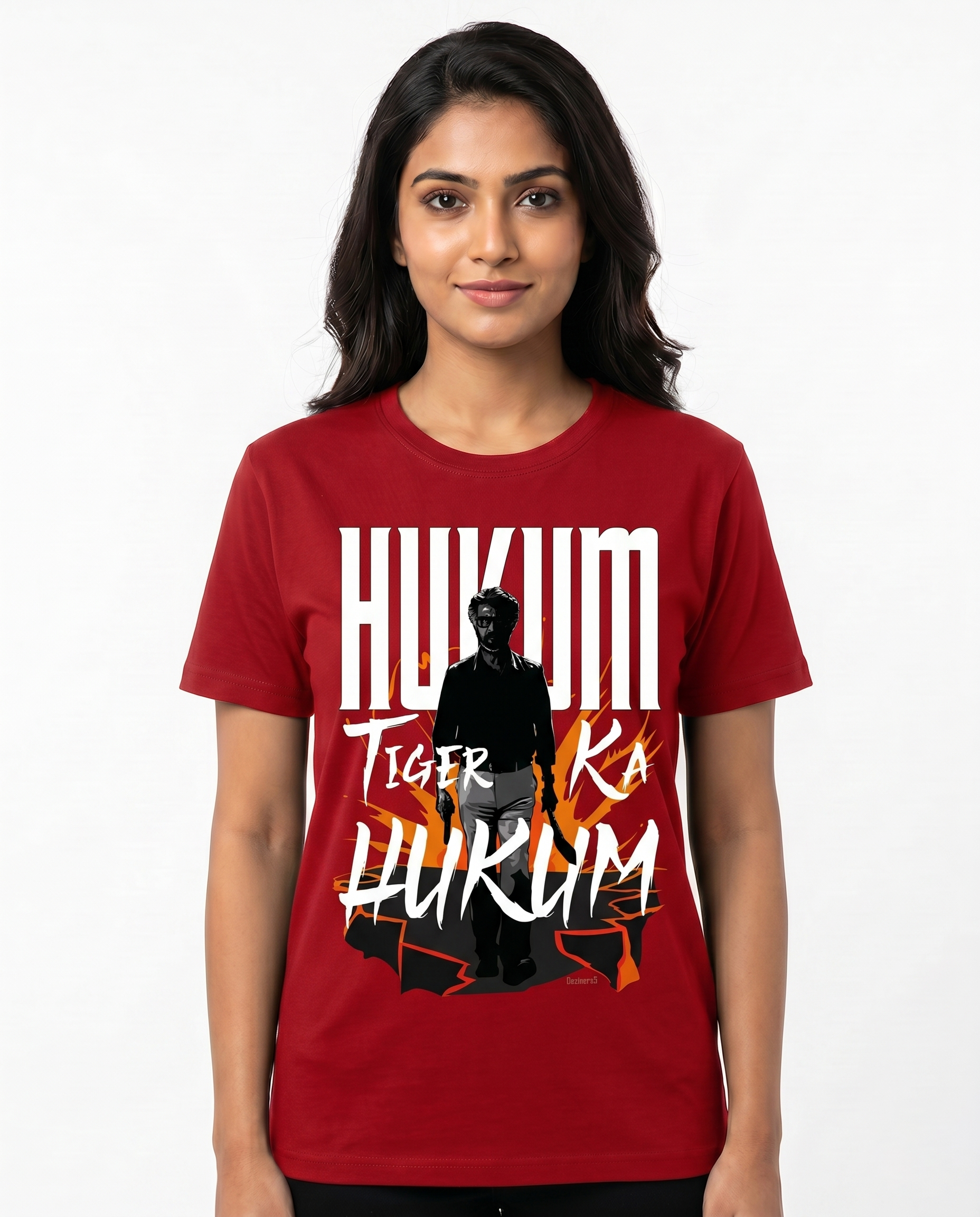 South Indian female model wearing a red ORDER OF THE TIGER regular fit graphic t-shirt.