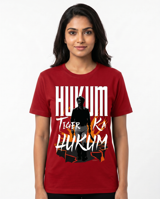 South Indian female model wearing a red ORDER OF THE TIGER regular fit graphic t-shirt.