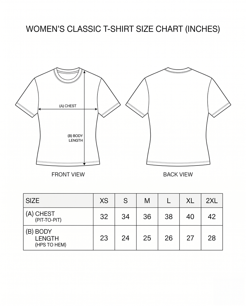 Women's regular fit t-shirt size chart showing chest width and body length measurements from XS to 2XL.