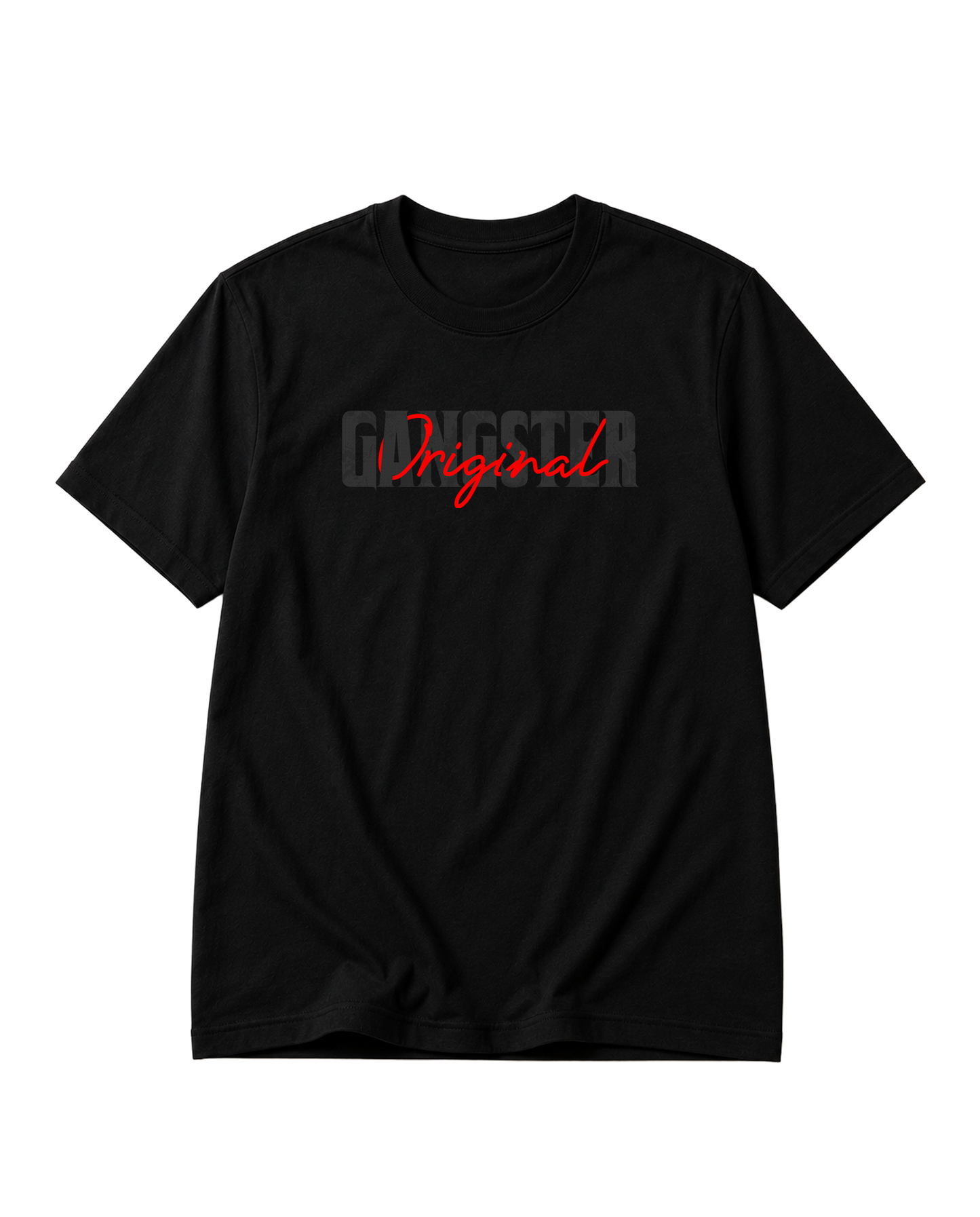 Product mockup of ORIGINAL GANGSTER men's regular-fit t-shirt in black. 