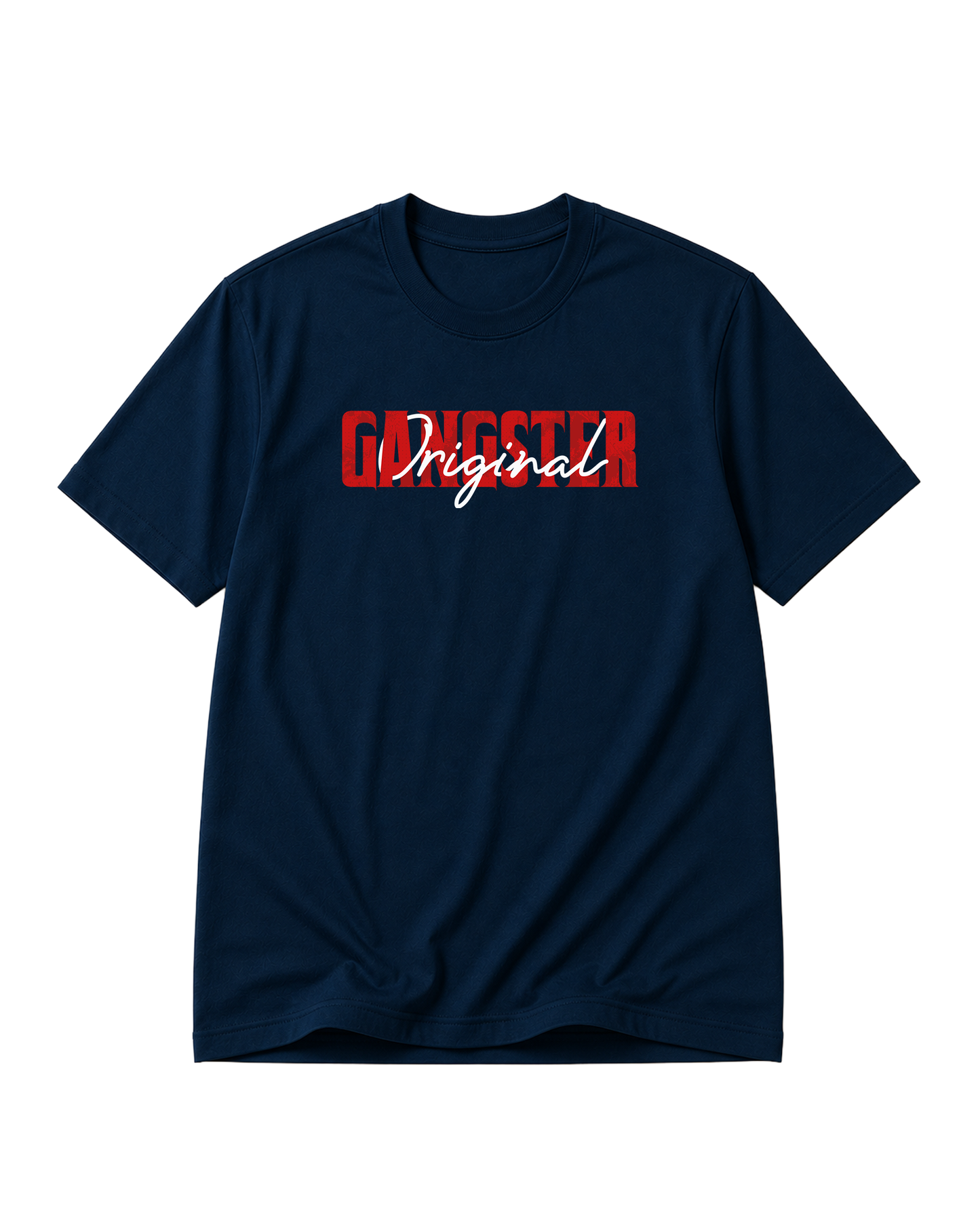 Product mockup of ORIGINAL GANGSTER men's regular-fit t-shirt in navy blue. 