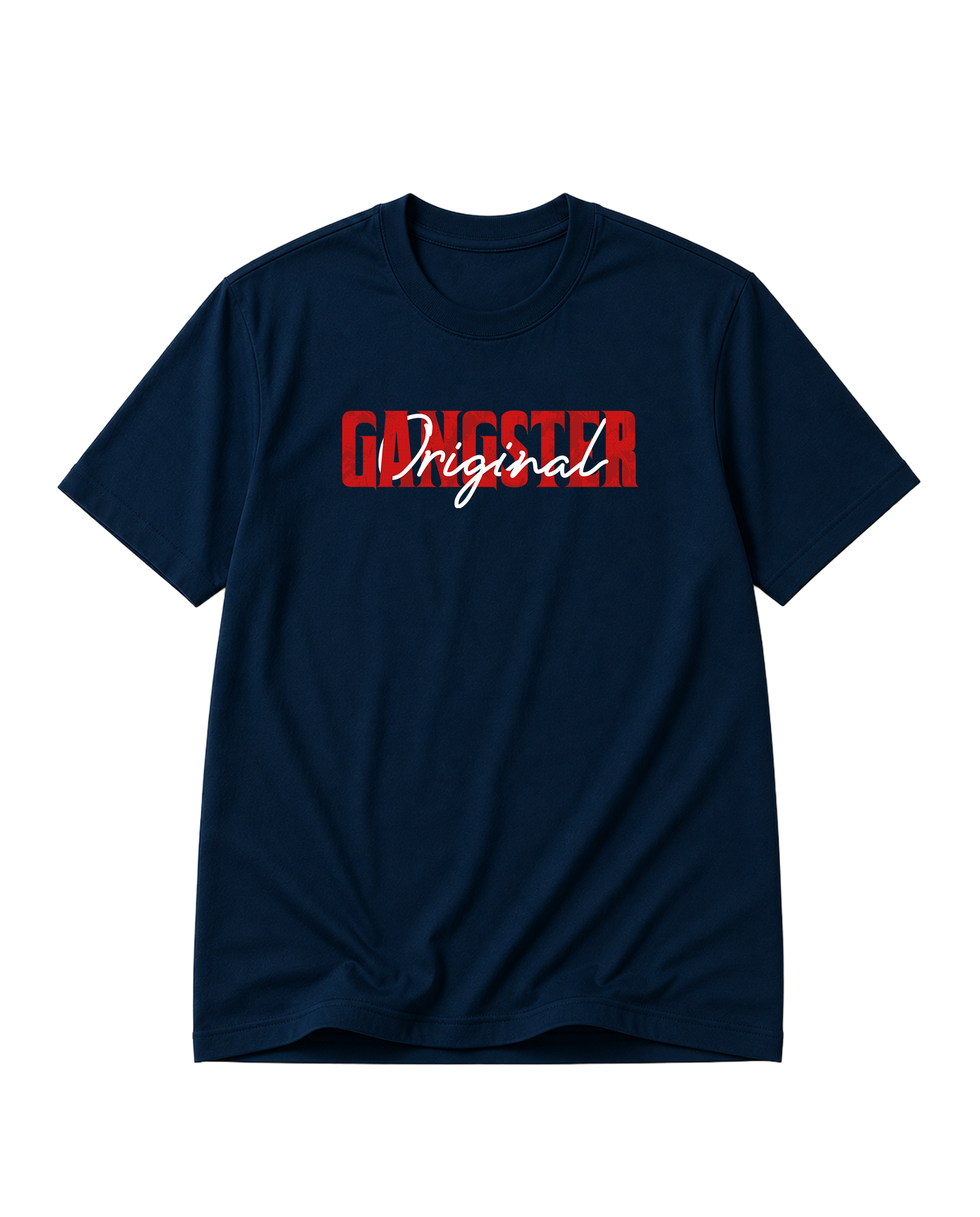 Product mockup of ORIGINAL GANGSTER men's regular-fit t-shirt in navy blue. 