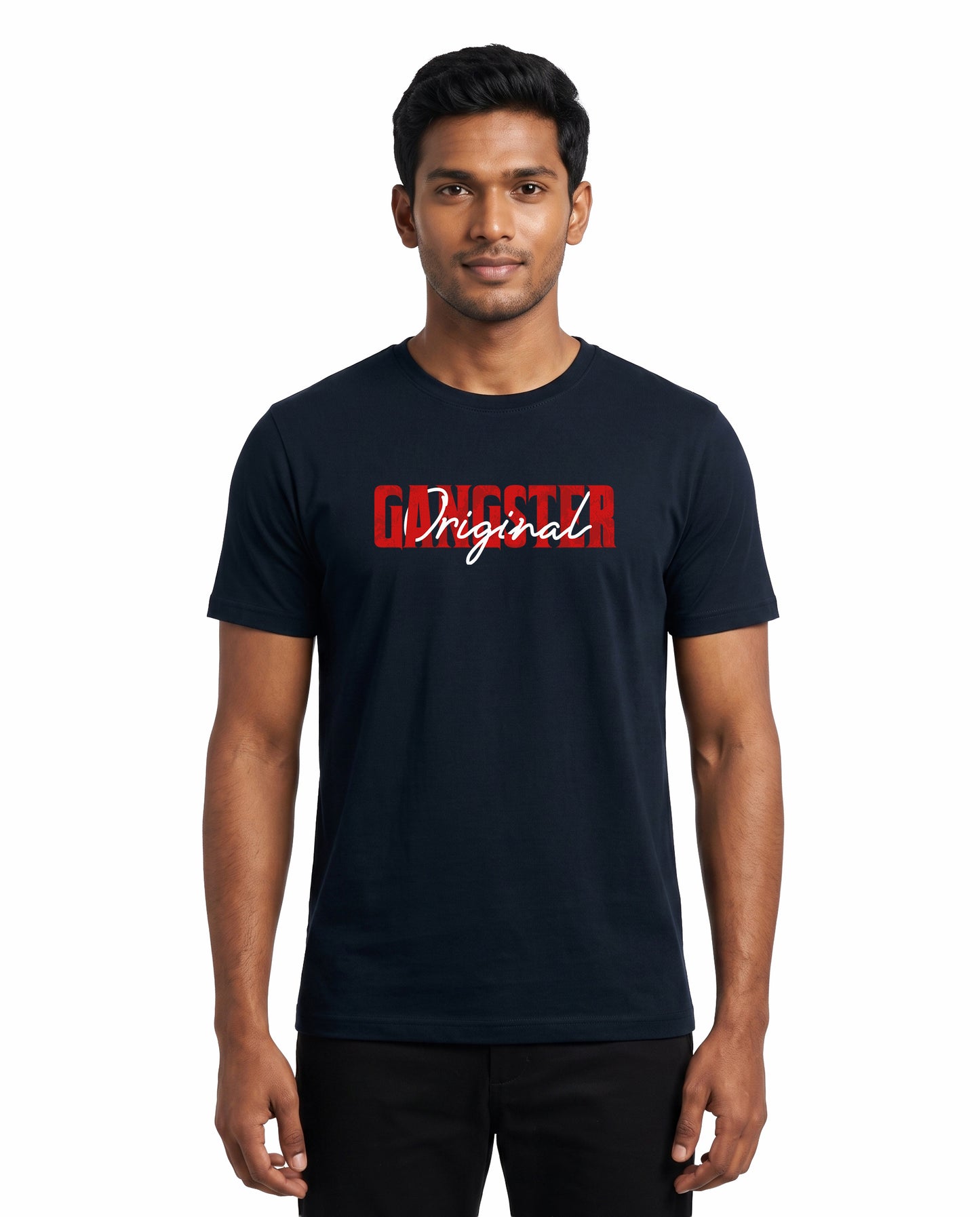 Male model wearing ORIGINAL GANGSTER men's regular-fit t-shirt in navy blue in a studio setting.