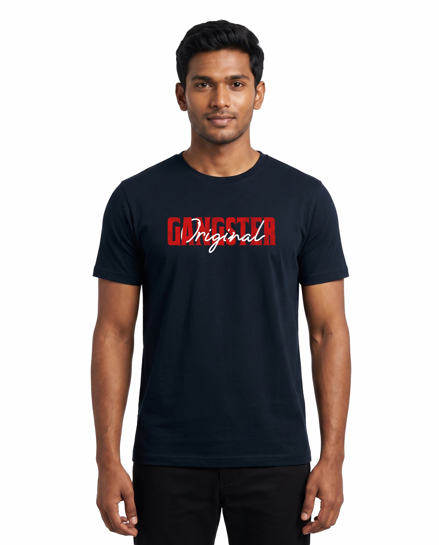 Male model wearing ORIGINAL GANGSTER men's regular-fit t-shirt in navy blue in a studio setting.