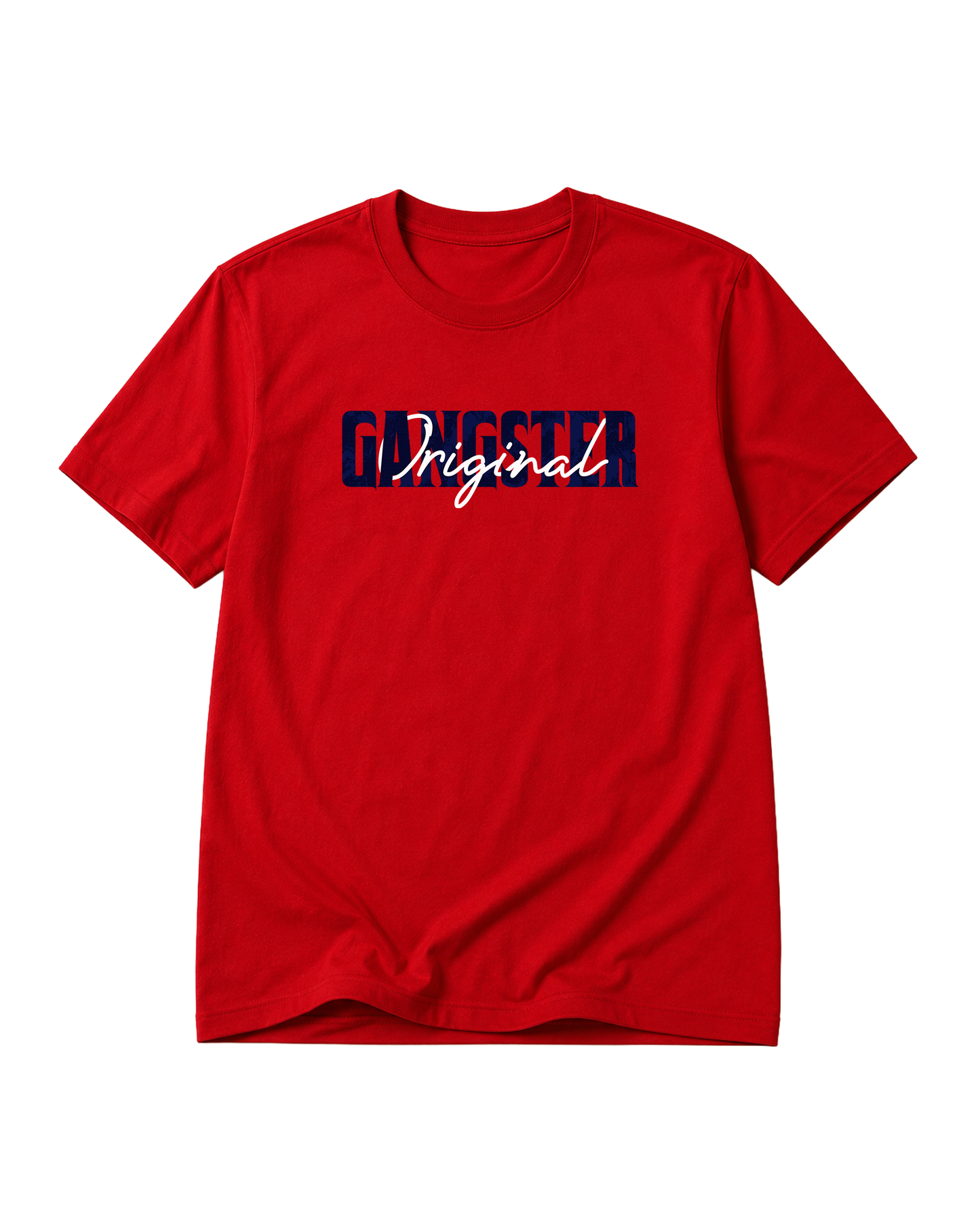 Product mockup of ORIGINAL GANGSTER men's regular-fit t-shirt in red. 