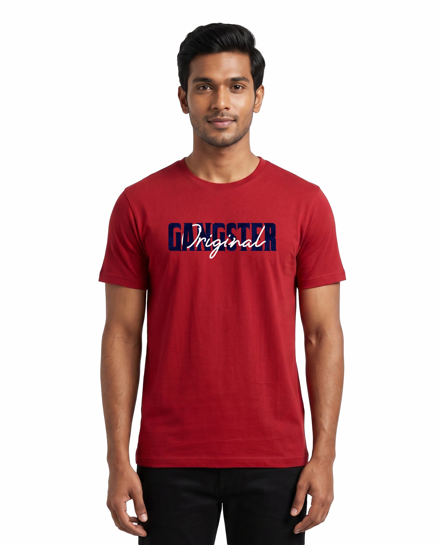 Male model wearing ORIGINAL GANGSTER men's regular-fit t-shirt in red in a studio setting.