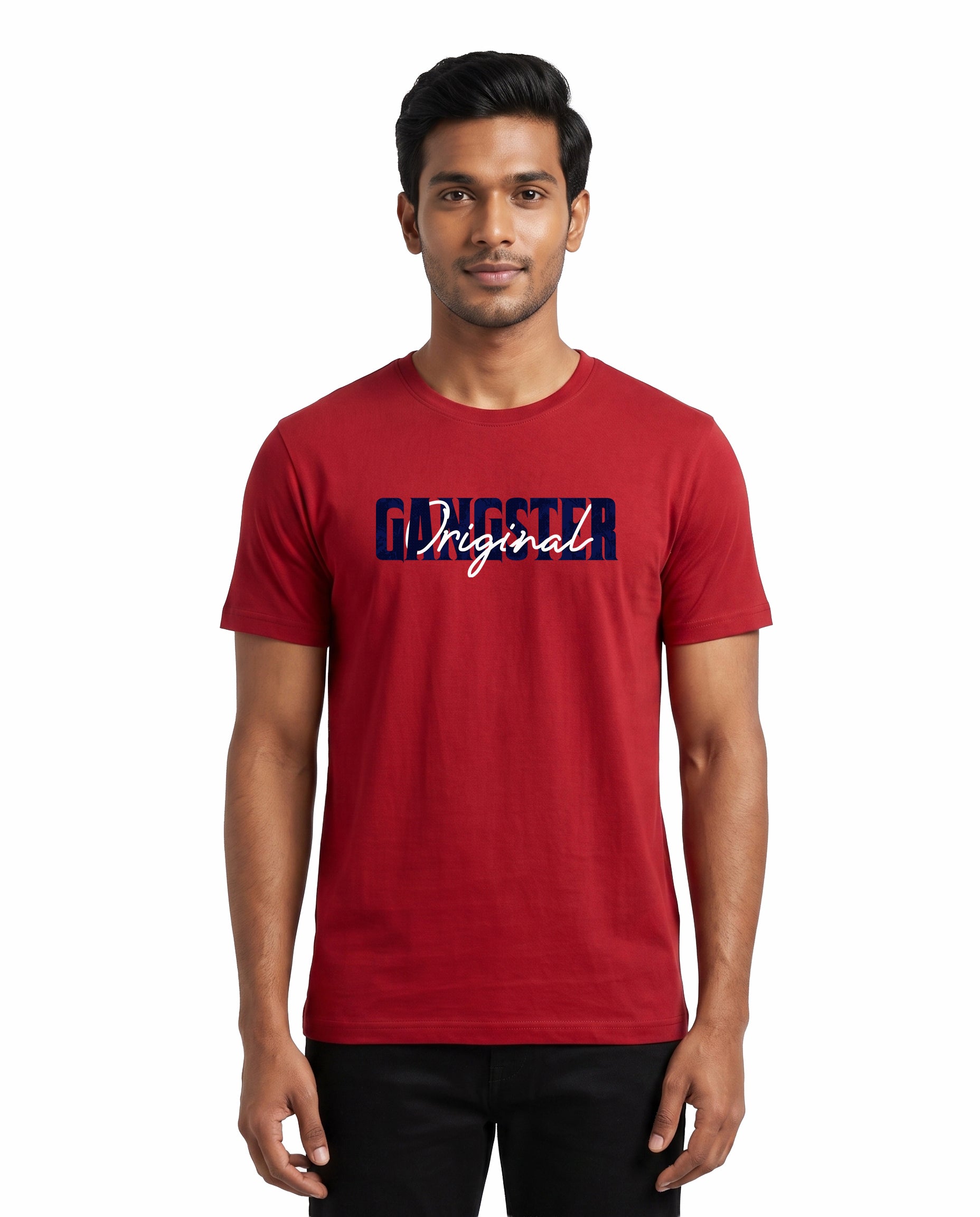 Male model wearing ORIGINAL GANGSTER men's regular-fit t-shirt in red in a studio setting.