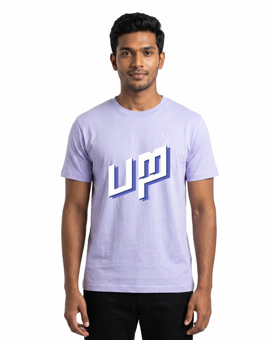 Male model wearing PARA men's regular-fit t-shirt in lavender in a studio setting.