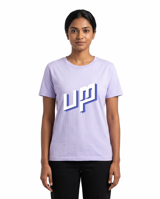 Female model wearing PARA women's regular-fit t-shirt in lavender in a studio setting.