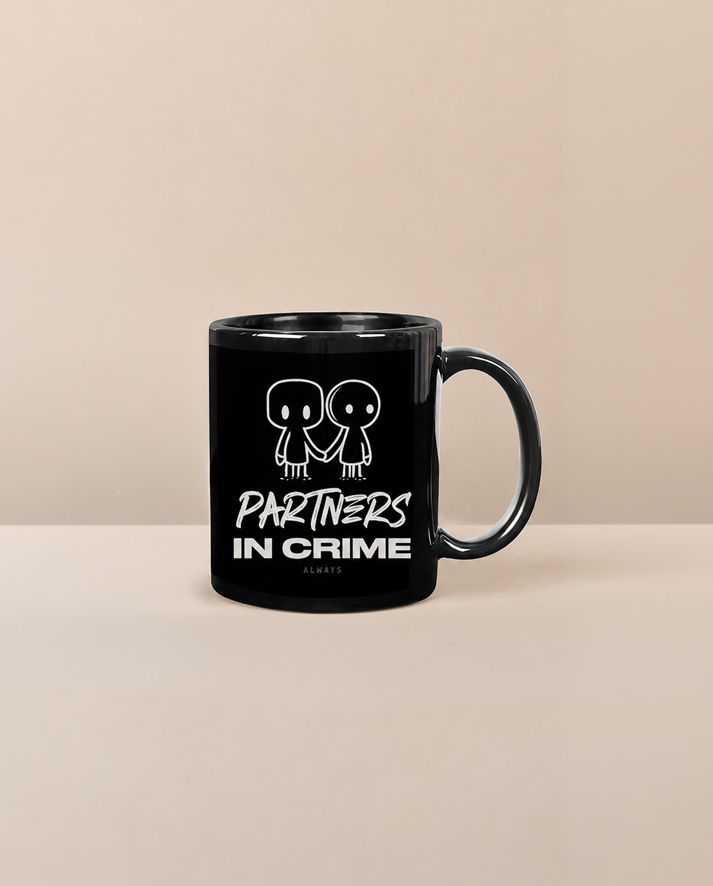 PARTNERS IN CRIME black ceramic coffee mug from the Friendship Series by Deziners5.