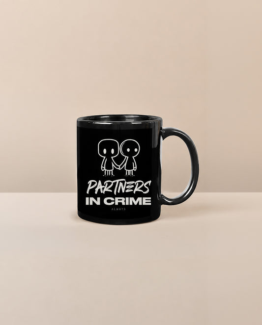 PARTNERS IN CRIME black ceramic coffee mug from the Friendship Series by Deziners5.