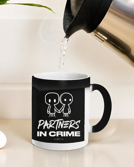 PARTNERS IN CRIME Friendship Series premium magic coffee mug in black.