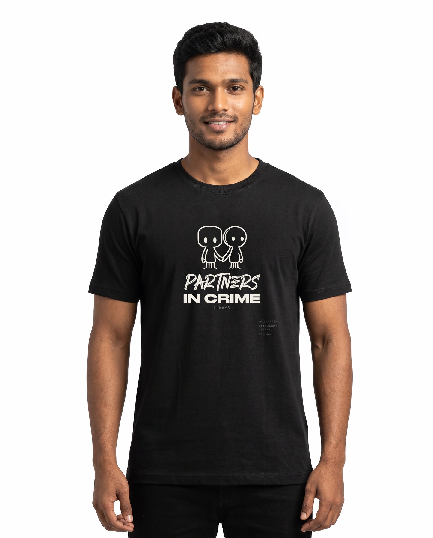 Male model wearing PARTNERS IN CRIME men's regular-fit t-shirt in black in a studio setting.