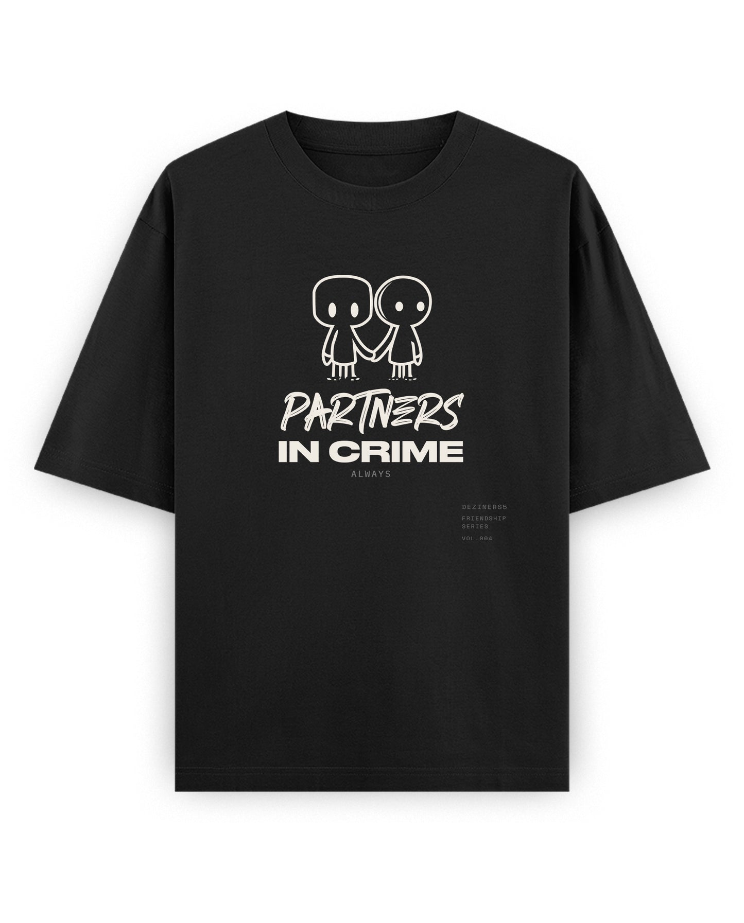 Front view of PARTNERS IN CRIME unisex oversized graphic t-shirt in black.