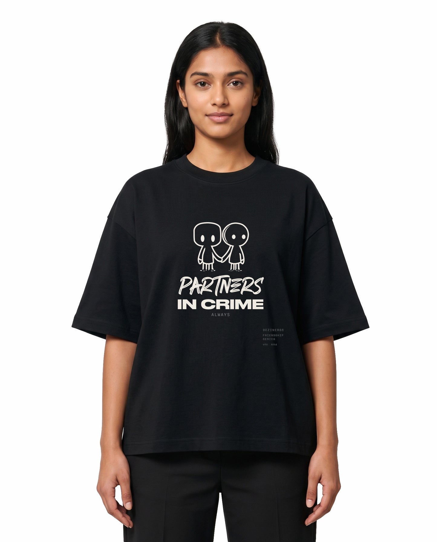 Front view of female model wearing PARTNERS IN CRIME unisex oversized graphic t-shirt in black in a studio setting.