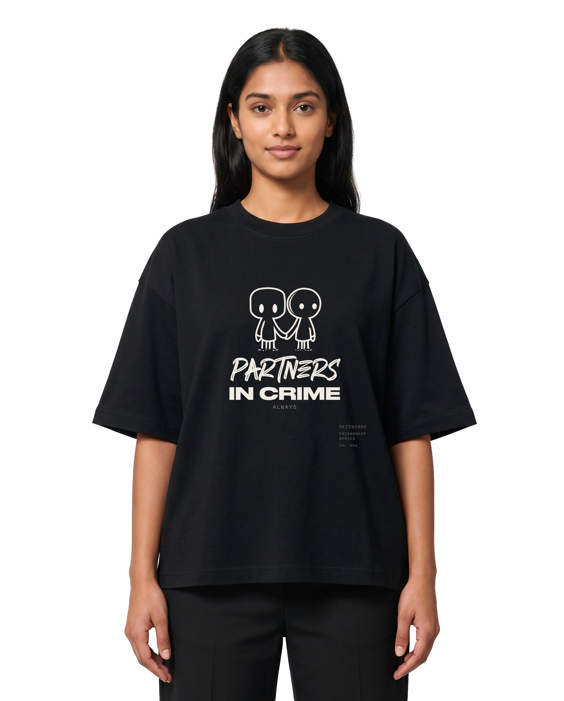 Front view of female model wearing PARTNERS IN CRIME unisex oversized graphic t-shirt in black in a studio setting.