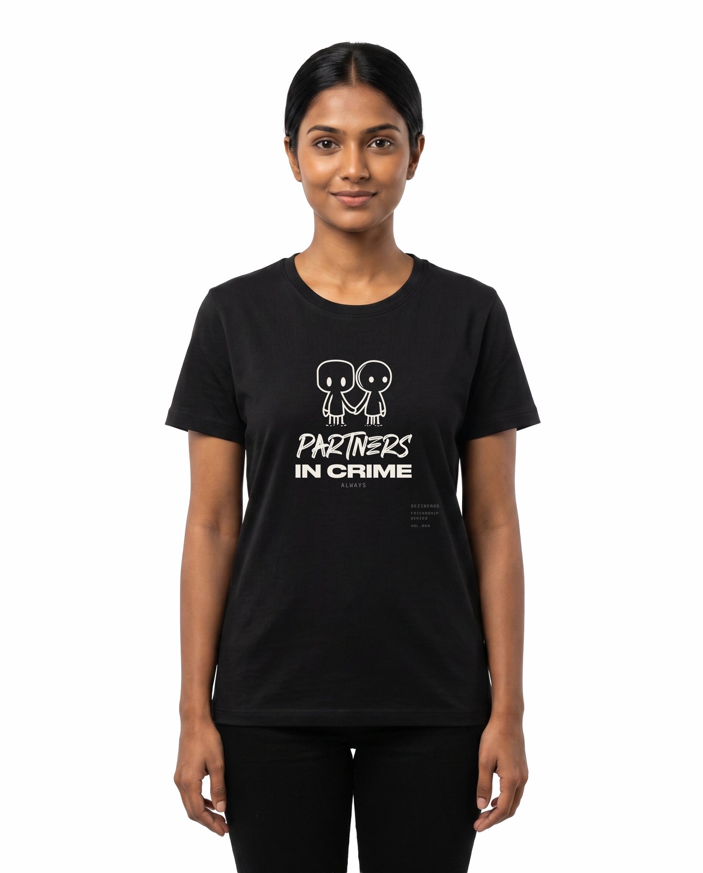 Female model wearing PARTNERS IN CRIME women's regular-fit t-shirt in black in a studio setting.