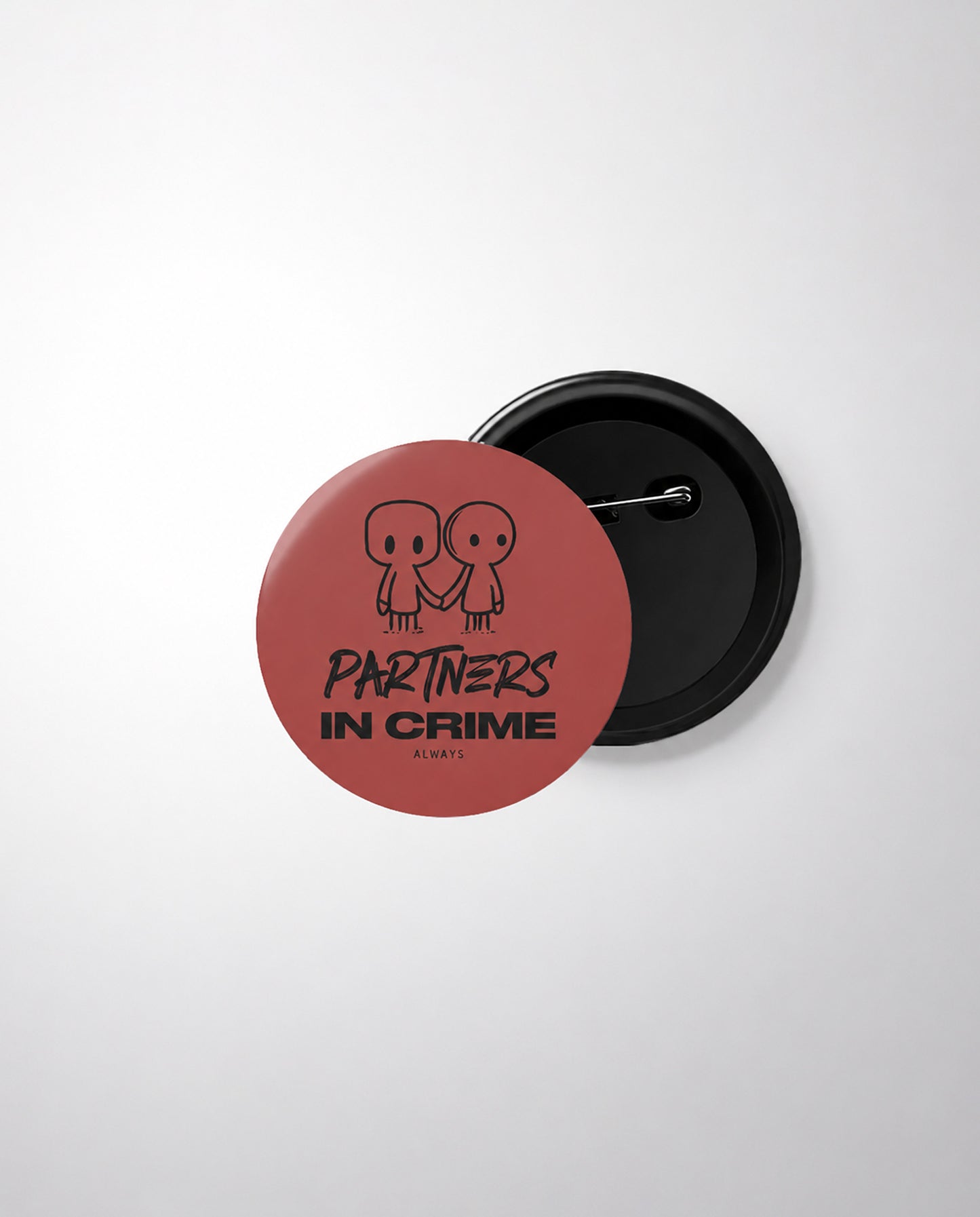 PARTNERS IN CRIME Friendship Series premium badge in coral.