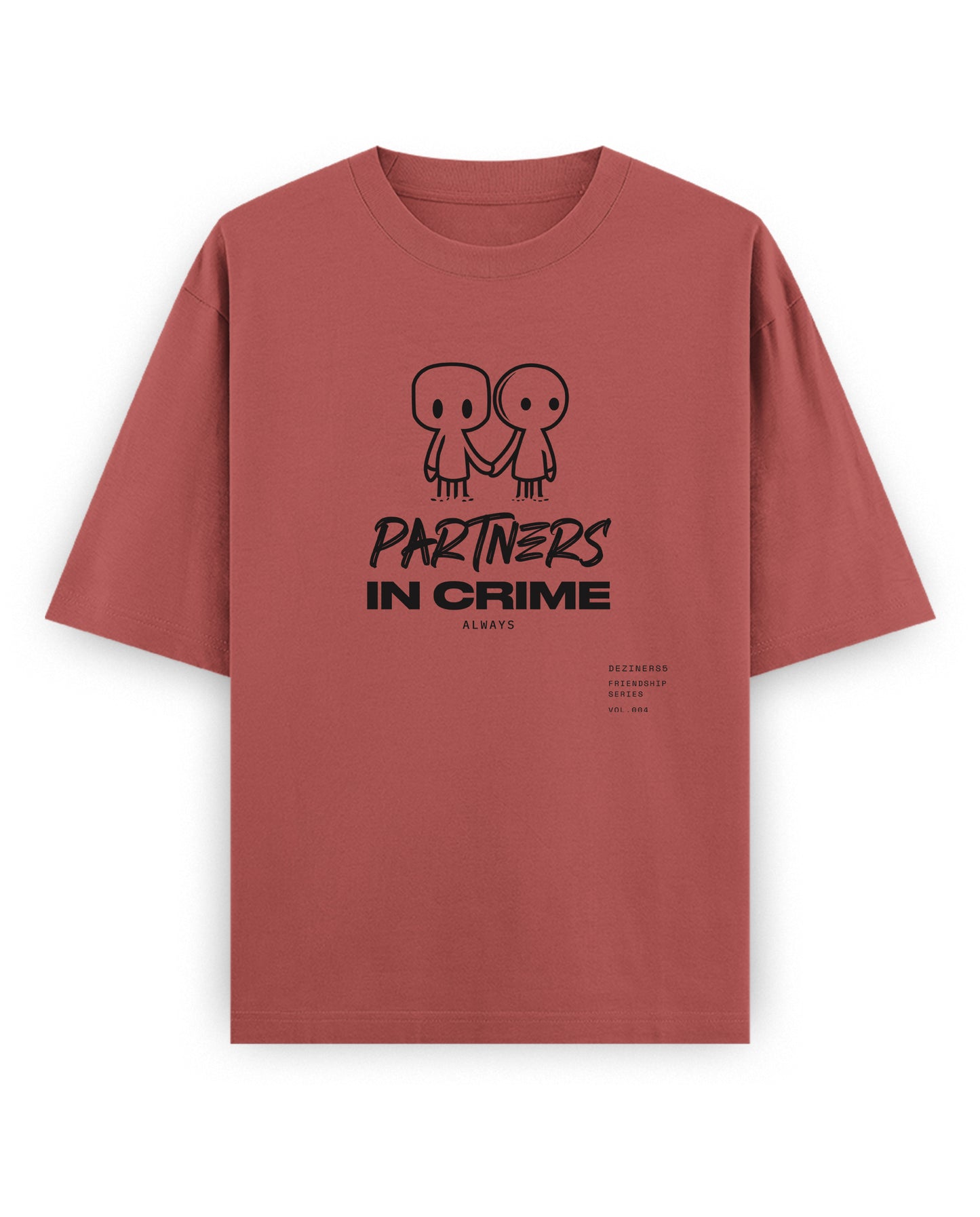 Front view of PARTNERS IN CRIME unisex oversized graphic t-shirt in coral.