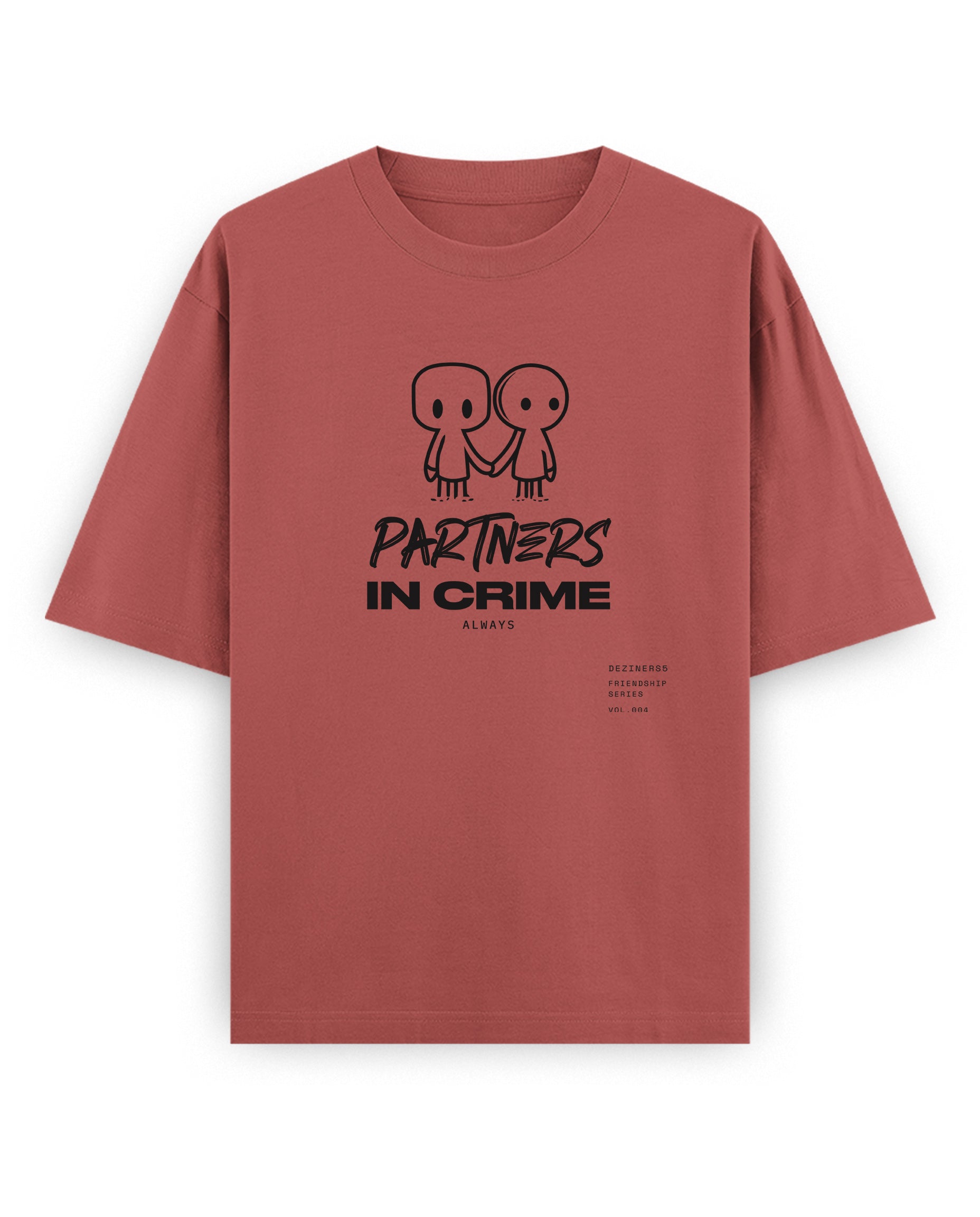 Front view of PARTNERS IN CRIME unisex oversized graphic t-shirt in coral.