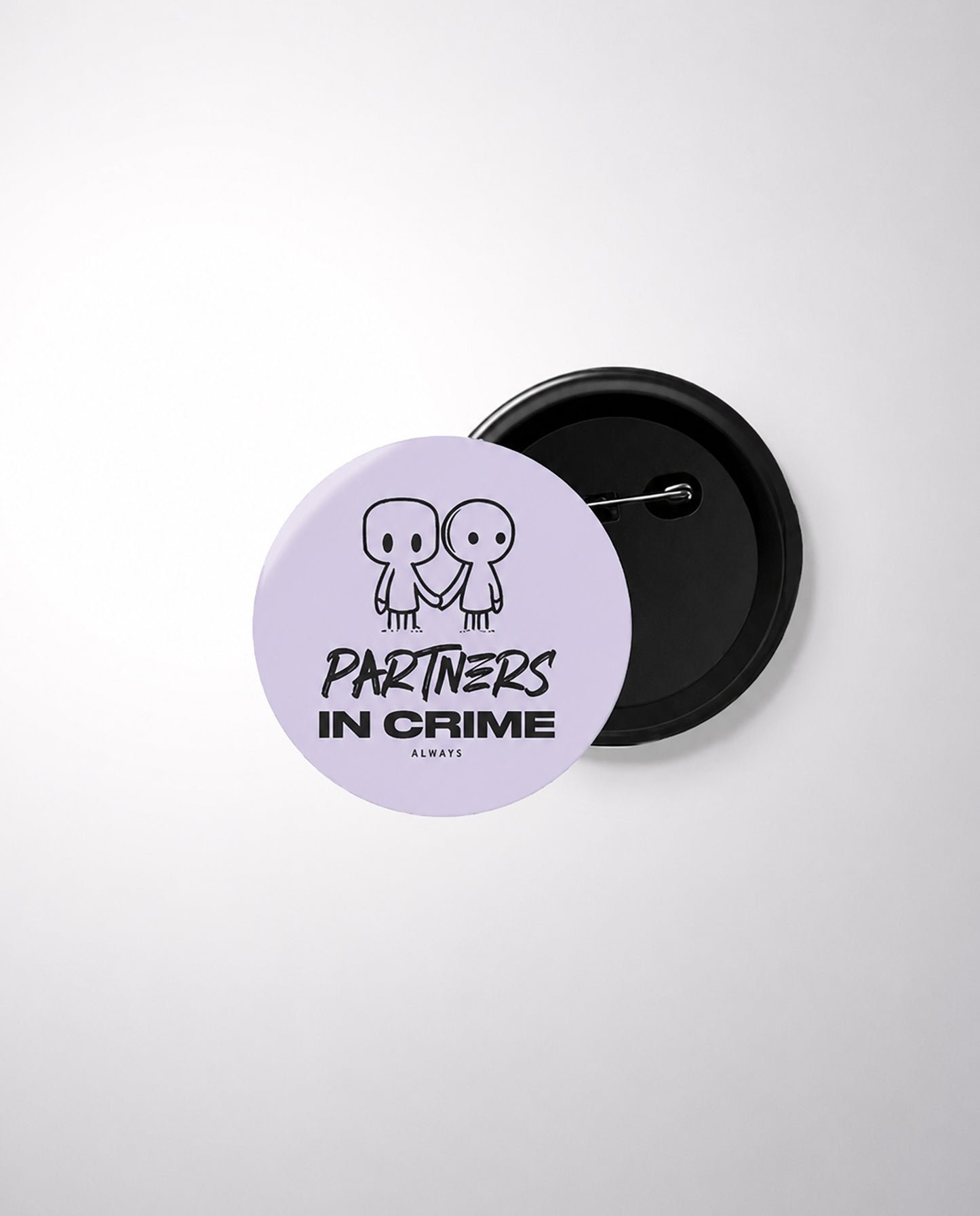 PARTNERS IN CRIME Friendship Series premium badge in lavender.