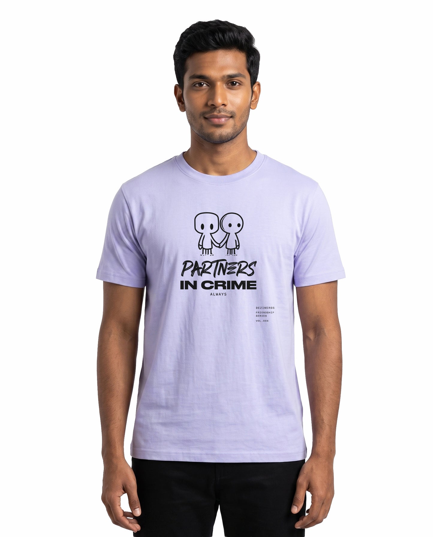 Male model wearing PARTNERS IN CRIME men's regular-fit t-shirt in lavender in a studio setting.