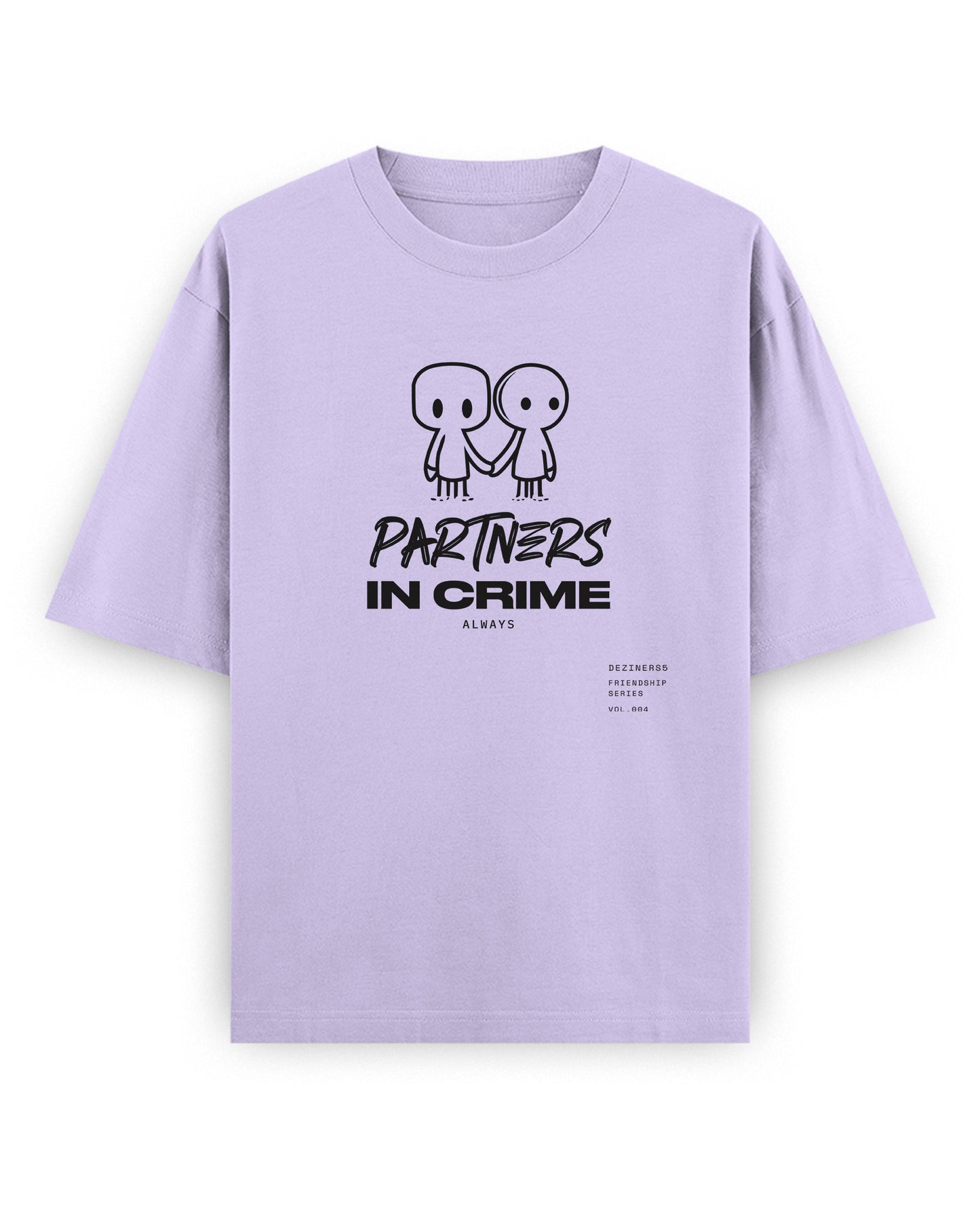 Front view of PARTNERS IN CRIME unisex oversized graphic t-shirt in lavender.