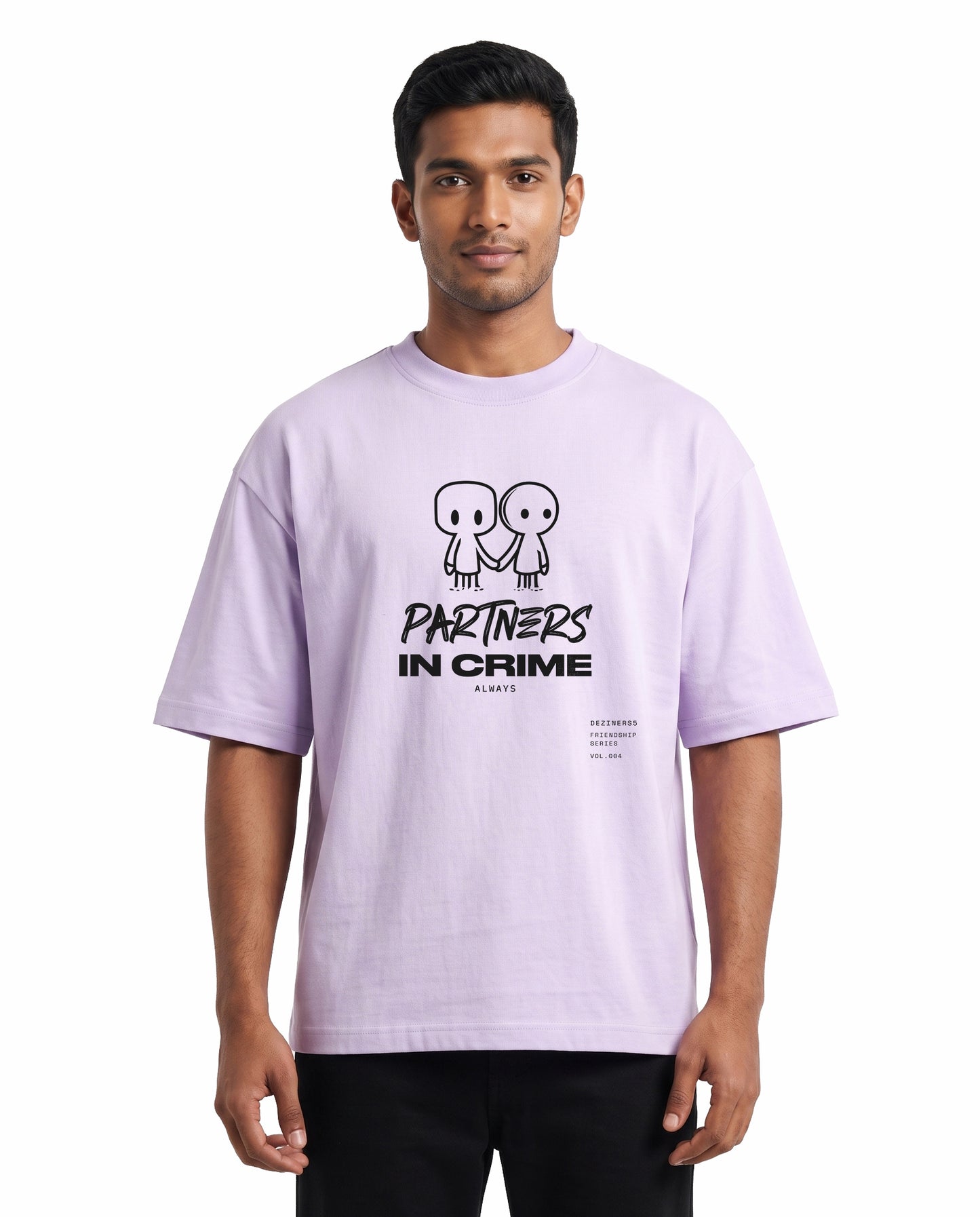 Front view of male model wearing PARTNERS IN CRIME unisex oversized graphic t-shirt in lavender in a studio setting.