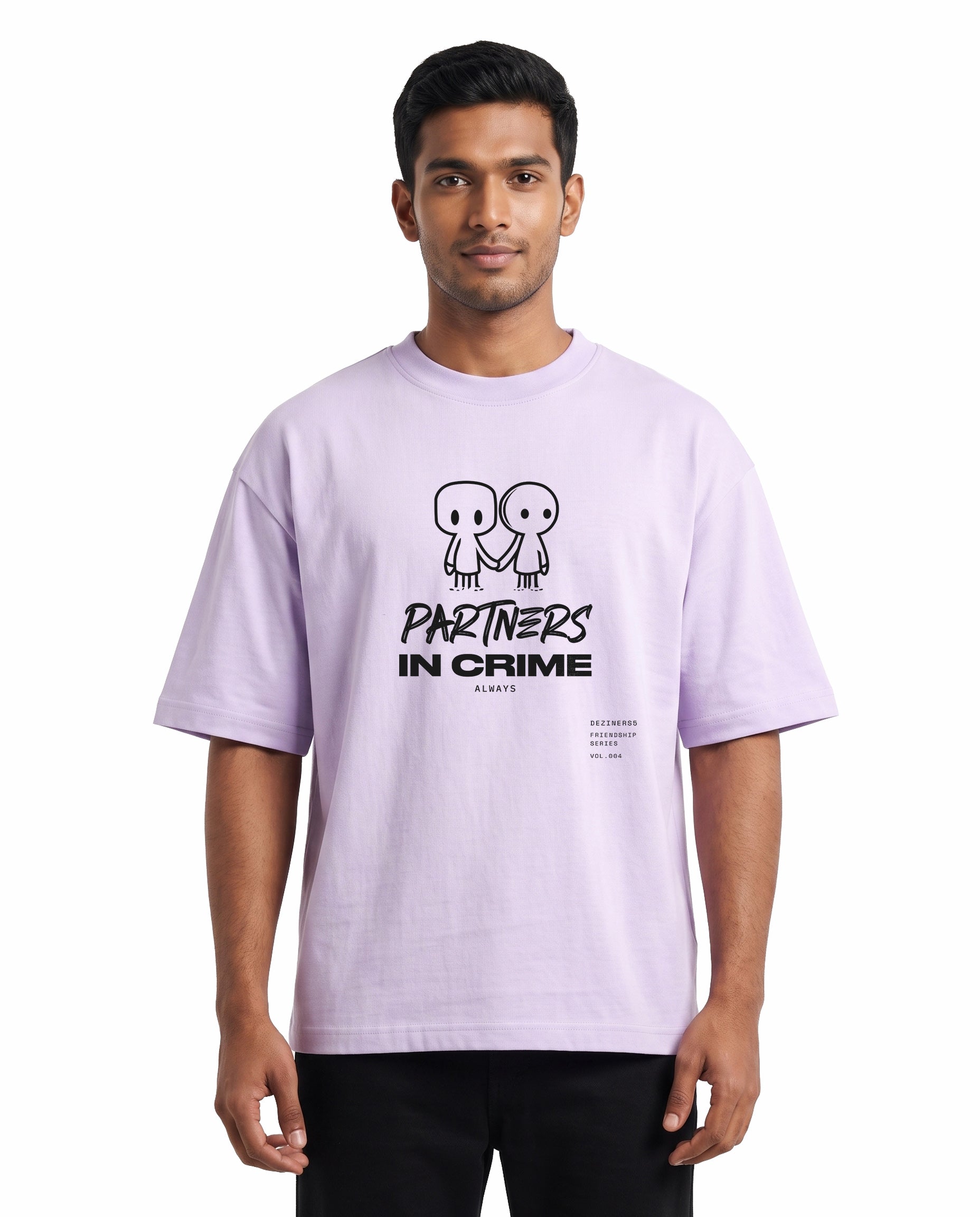 Front view of male model wearing PARTNERS IN CRIME unisex oversized graphic t-shirt in lavender in a studio setting.
