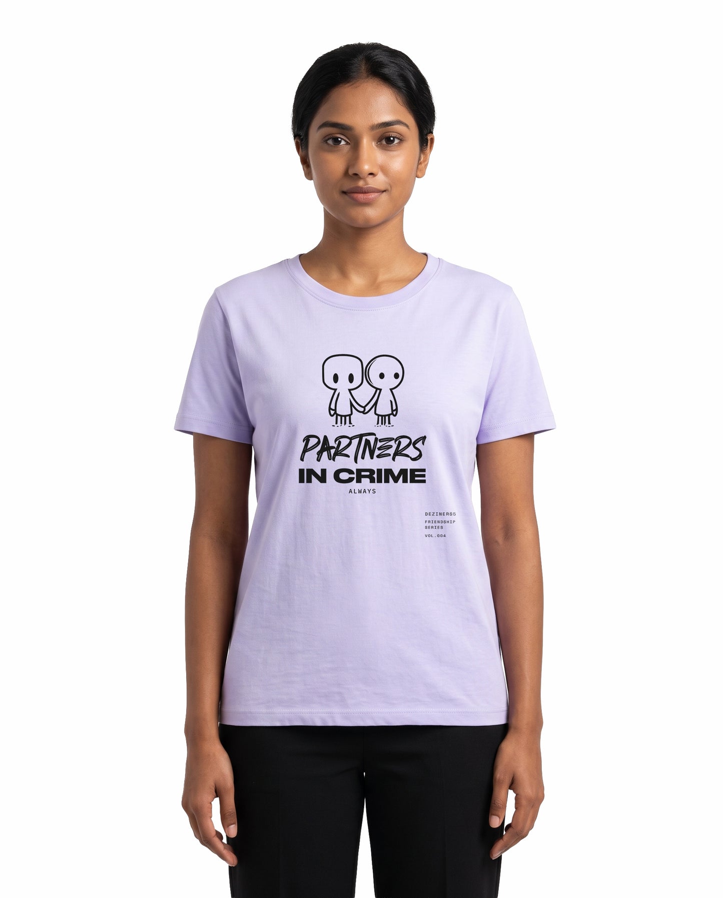 Female model wearing PARTNERS IN CRIME women's regular-fit t-shirt in lavender in a studio setting.
