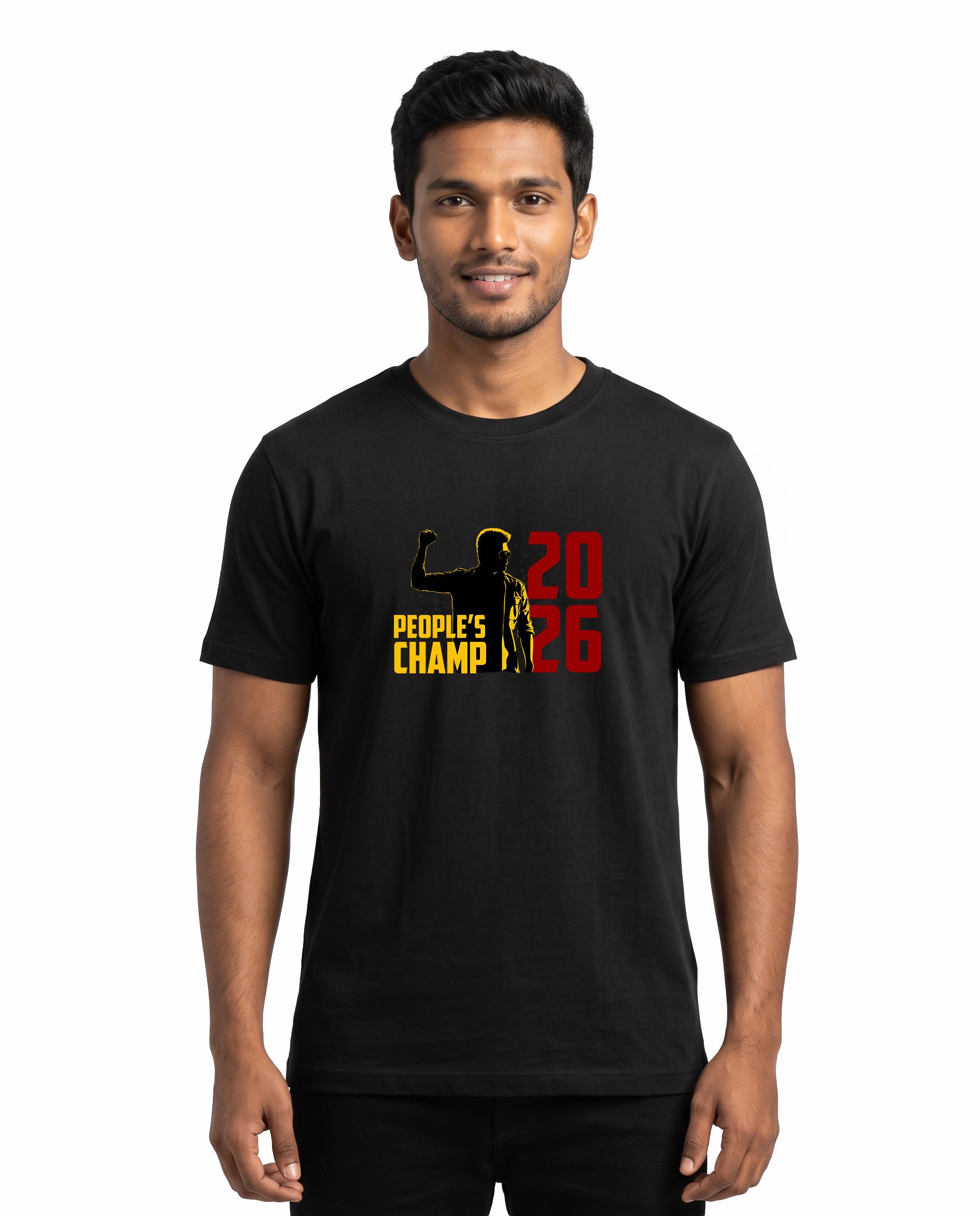 Male model wearing PEOPLE'S CHAMP - men's regular-fit t-shirt in black in a studio setting.