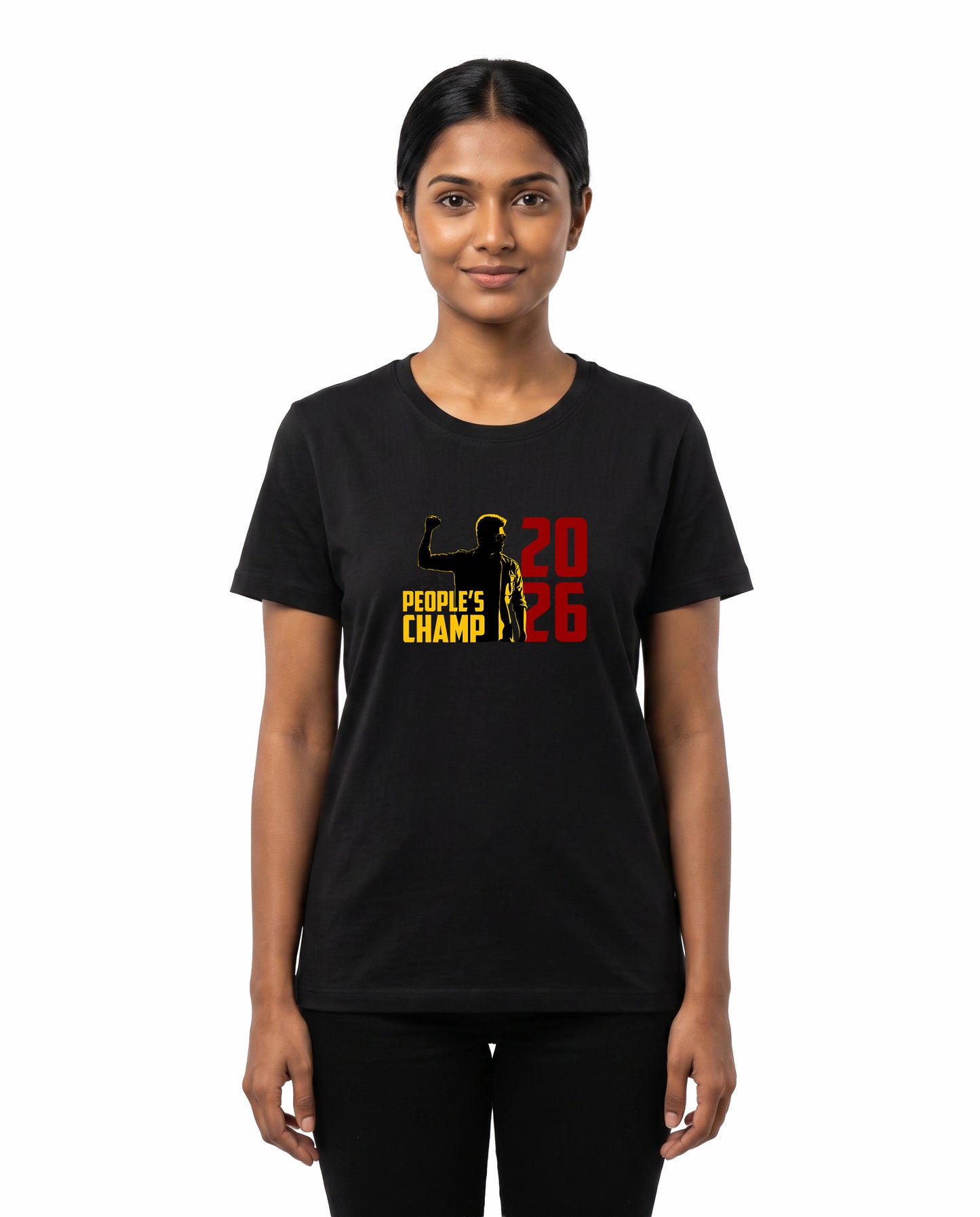 Female model wearing PEOPLE'S CHAMP - women's regular-fit t-shirt in black in a studio setting.